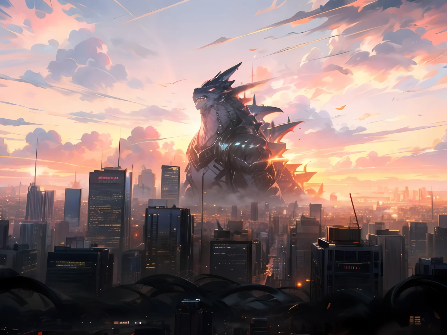 Over the city，Covered with a magnificent Godzilla，Cloudy sunset against the setting sun，Terrifying and magnificent clouds filled the sky，Charming sunset in the distance，Painting the distant skyline。