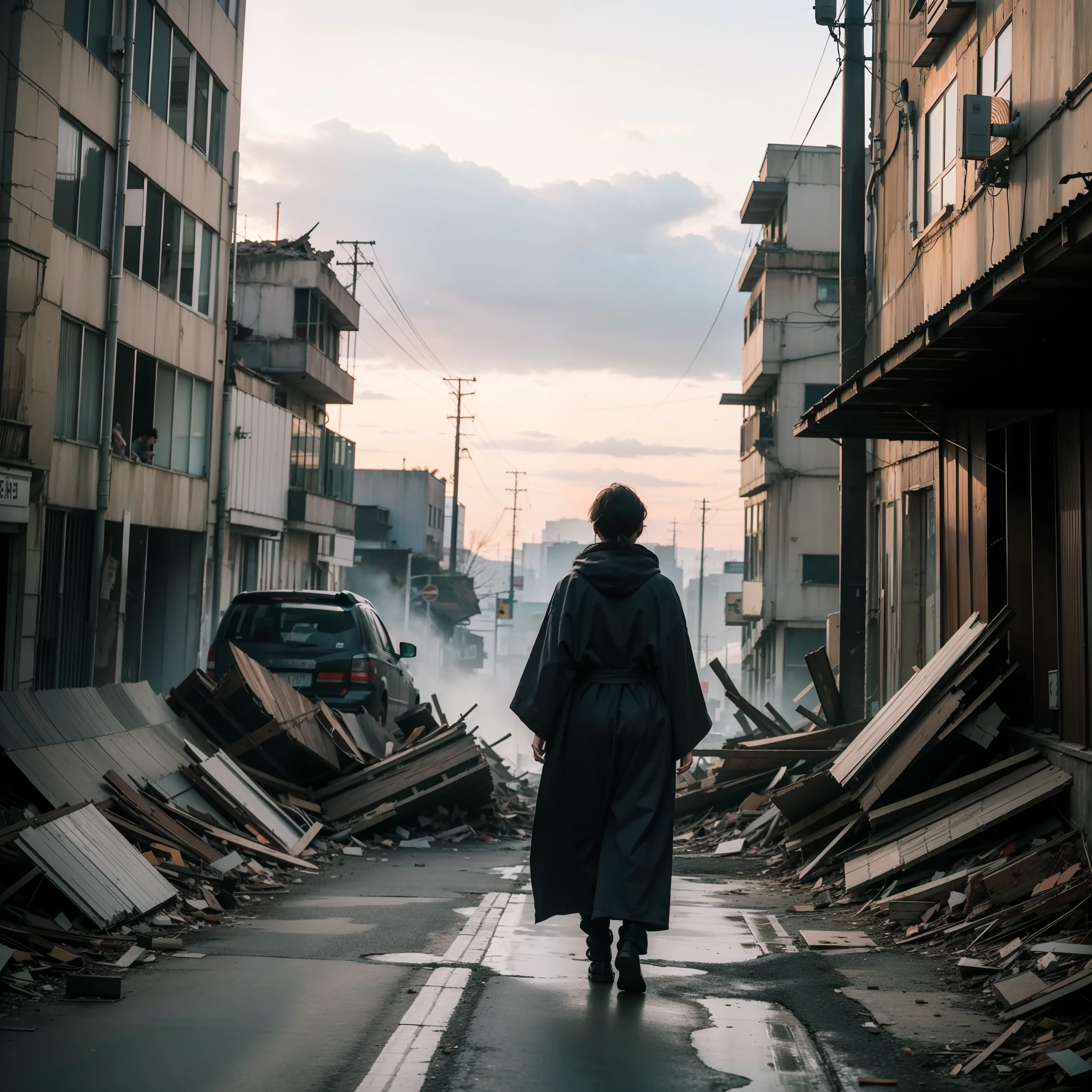 A desolate cityscape，The protagonist walks on a destroyed highway，Walk towards the ruins of a huge post-apocalyptic city on the horizon, (dark shot:1.1), epic realistic, 1girll, Wear hooded robes,Hands hidden in robes,'s whole body, (Masterpiece, Best quality, Ultra-detailed, Best shadow), full body, Perfect anatomy, Centered, Dynamic, Highly detailed, illustration, The sky was filled with ominous clouds, (hdr:1.4), (pastel colour:1.2), Cinematic, Dramaticlight, (Intricate details:1.1), From behind, ultra-wide-angle