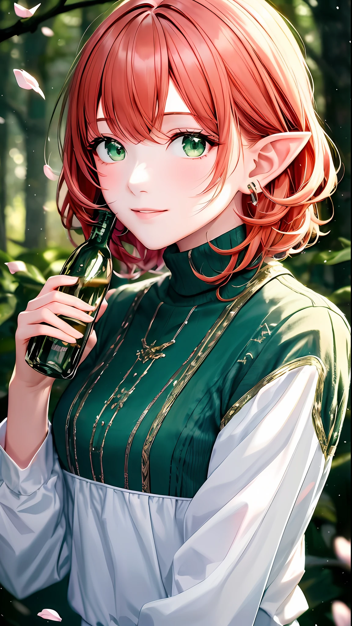 Masterpiece, best quality, 1girl, solo, orange hair, green eyes, close-up, pointy ears, green turtleneck sweater, in a forest, trees, flowers, holding a white bottle of isopropanol, detailed background, depth of field, rimlighting, specular highlights, bloom, atmospheric lighting, (colorful, vivid, sunlight, warm lighting:1.2)