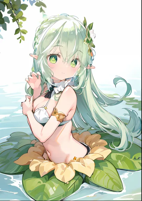 Anime girl with long hair and green eyes in the water, Splash art anime Loli, author：Shitao, green colored skin!!, Digital art on Pisif , Pisif Contest Champion, Elf Girl, Pisif, spring goddess, anime visual of a cute girl, goddess of nature, at pixiv, Pop...