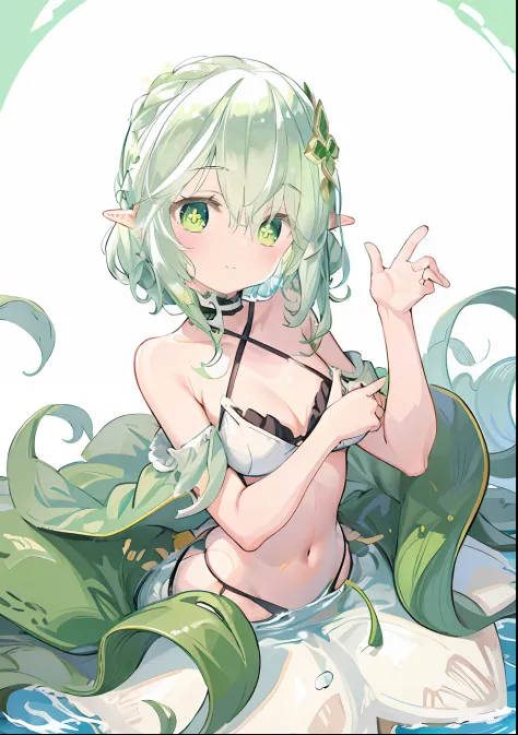 Anime girl with long hair and green eyes in the water, Splash art anime Loli, author：Shitao, green colored skin!!, Digital art on Pisif , Pisif Contest Champion, Elf Girl, Pisif, spring goddess, anime visual of a cute girl, goddess of nature, at pixiv, Pop...