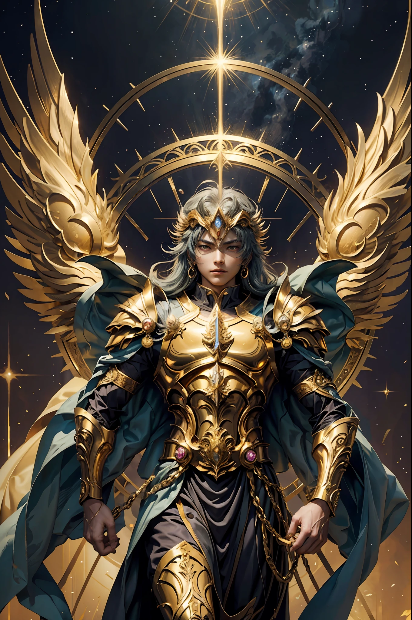 In the mysterious world of the Holy Domain，We saw the Leo Saint Seiya in the Golden Saint Seiya。He wears a golden robe of Leo，Exudes endless power and dignity。The vestment is carved with the motif of Leo，Shimmering with dazzling golden light，Symbolizes the nobility and courage of this Saint Seiya。

At his side is a solemn and powerful lion，It is a loyal guardian of Leo。The lion and Saint Seiya rely on each other，It represents the courage and strength of Leo，Guarding the mission and domain of Saint Seiya。

And around them，Unveils a mysterious and magical golden Leo astrolabe。The astrolabe is painted with golden lions and other mysterious symbols，Exudes a magical and fascinating power。It represents the cosmic and astrological power of Leo，Echoing with the power of Saint Seiya。

The whole scene is imbued with Saint Seiya's masculinity and mysterious magical powers。Their presence makes people feel courageous、The power of power and protection，It also inspires people to pursue justice and move forward。

This image shows the heroic image of Leo in the Golden Saint Seiya，Complement the nobility and cosmic power it represents。It is the perfect combination of extraordinary power and mysterious world，Give people courage and inspiration，Let them believe in the power of justice and power。