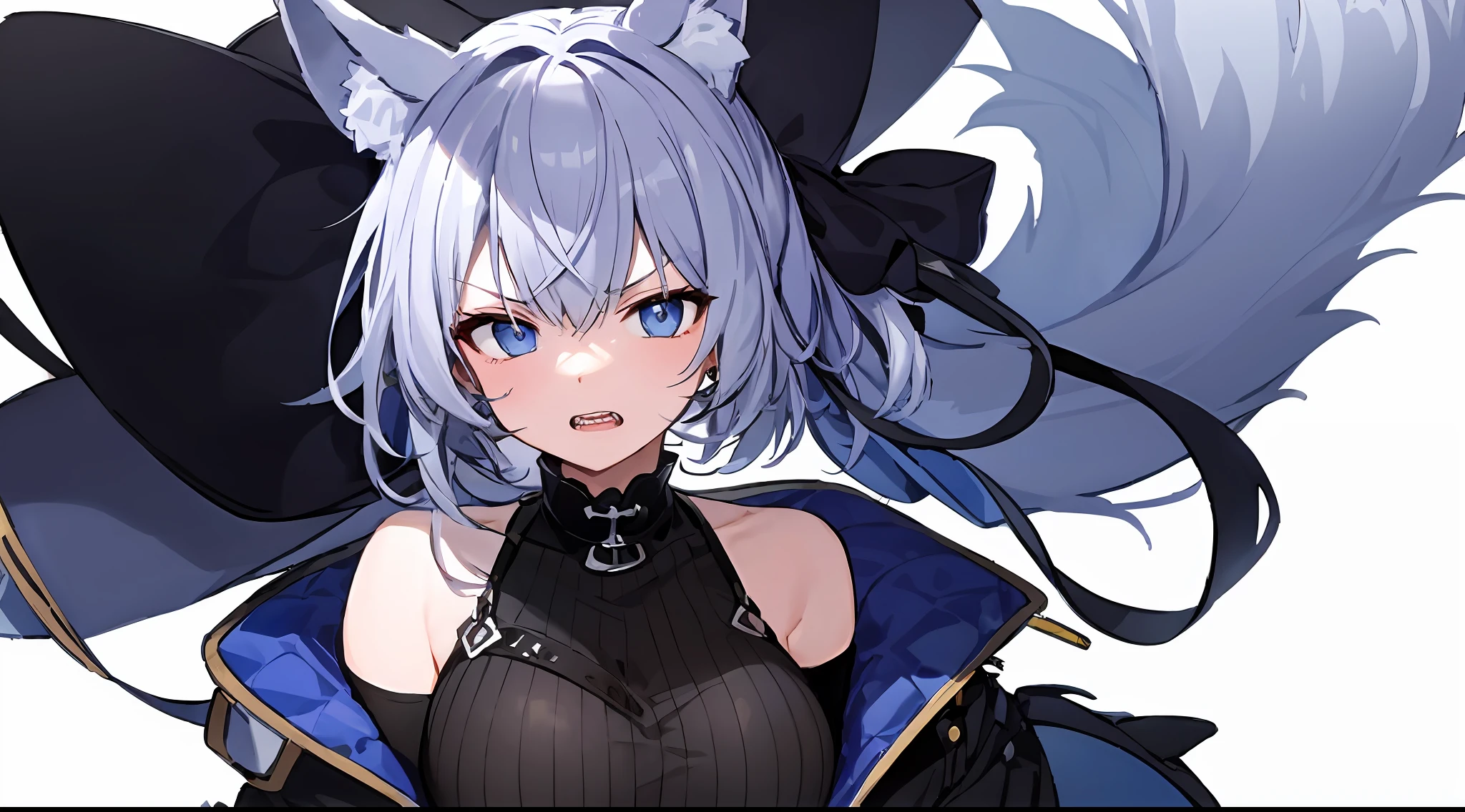 Bad eyes、Insecure、The background is fantastic.、Jagged teeth、I'm angry、Clothes with protruding blue shoulders、Full of murderous intent、Rat-colored hair、short-cut、It's going to be slaughtered、a dark night、girls' frontline、One Girl On The Battlefield、azur lane style、silber hair、Fox ears、Fox tail、Blue eyes、Characteristic double teeth、One girl stands facing the viewer、Despised、Smoking cigarettes