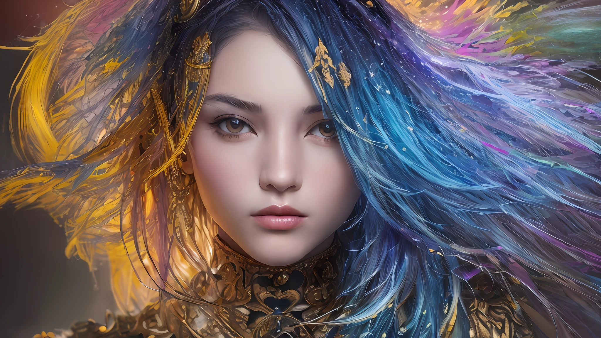 Colorful beautiful girl: a giru 8-years old, messy hair, oil painting, nice perfect face with soft skinice perfect face, blue yellow colors, light purple and violet additions, light red additions, intricate detail, splash screen, 8k resolution, masterpiece, cute face,artstation digital painting smooth veryBlack ink flow: 8k resolution photorealistic masterpiece: intricately detailed fluid gouache painting: by Jean Baptiste Mongue: calligraphy: acrylic: watercolor art, professional photography, natural lighting, volumetric lighting maximalist photoillustration: by marton bobzert:, complex, elegant, expansive, fantastical,  wavy hair, vibrant