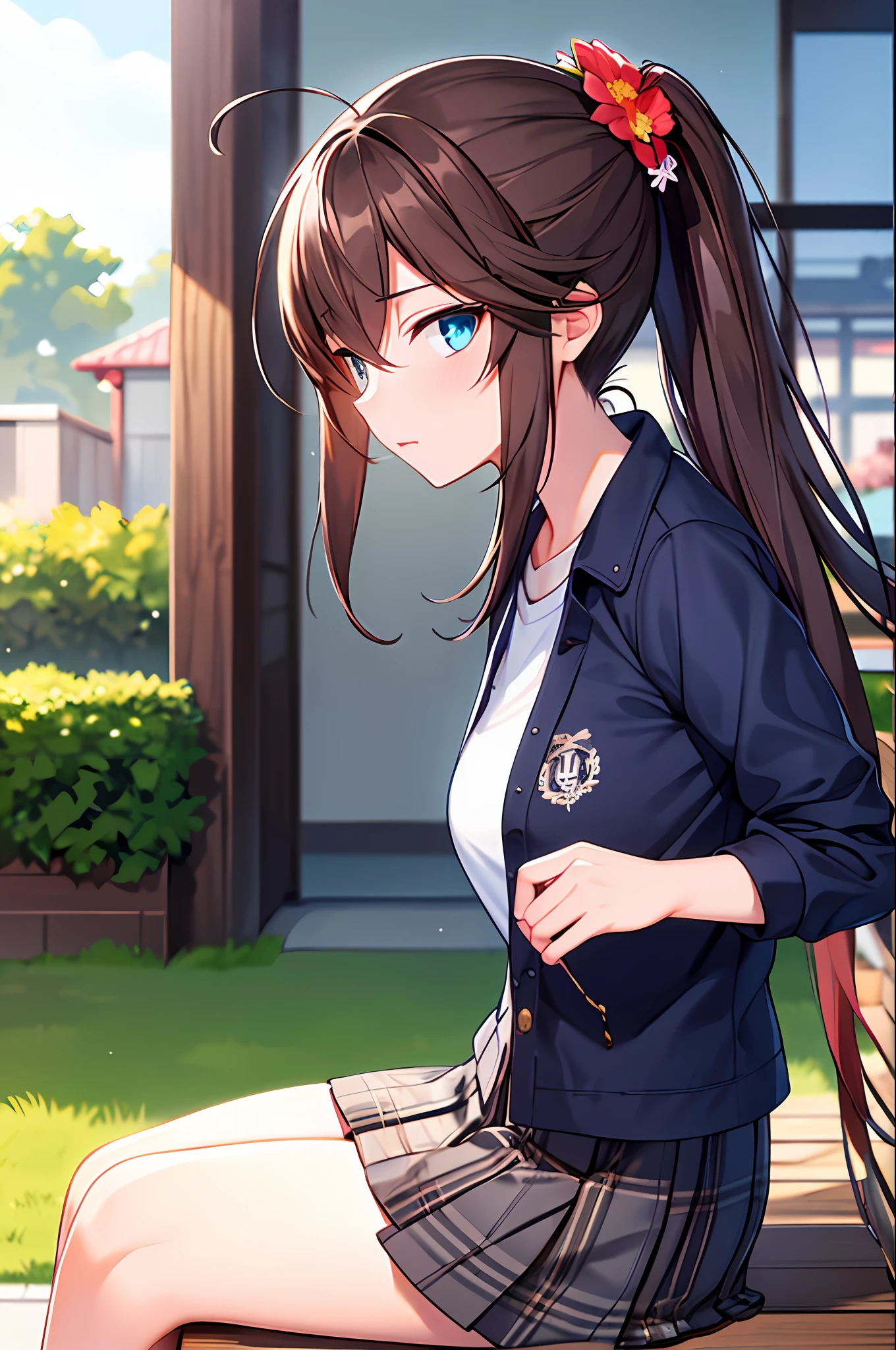 masterpiece, best quality, ultra-detailed, illustration, warm lighting, bright colors, 1girl,solo, long hair, very long hair, chifuyu,

brown hair, blue eyes, pony tail, hair ornament, hair_flower, 

school uniform, sitting, outdoors, t-shirt, casual wear,