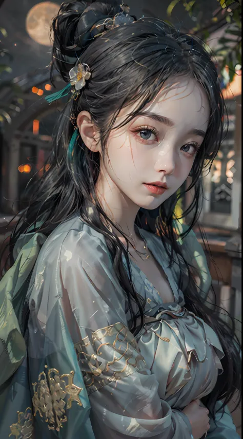 a 20-year-old woman, a Chinese fairy tale fairy, gloom face, beautiful Chinese fairy tale face, beautiful face without flaws, slender body, fair skin, thin and beautiful lips, don't smile, keep your mouth shut again, (The scene of the moonlight is magical)...
