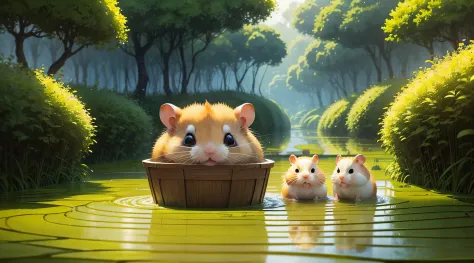 Hamsters encounter flooding in their homes in golden rice paddies，in style of hayao miyazaki --auto