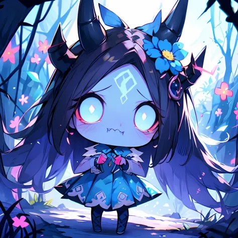 Cute tiny demon girl, (blue skin), in cute summer dress with flowers pattern, flower in her hairs, red claws on her fingers, sha...