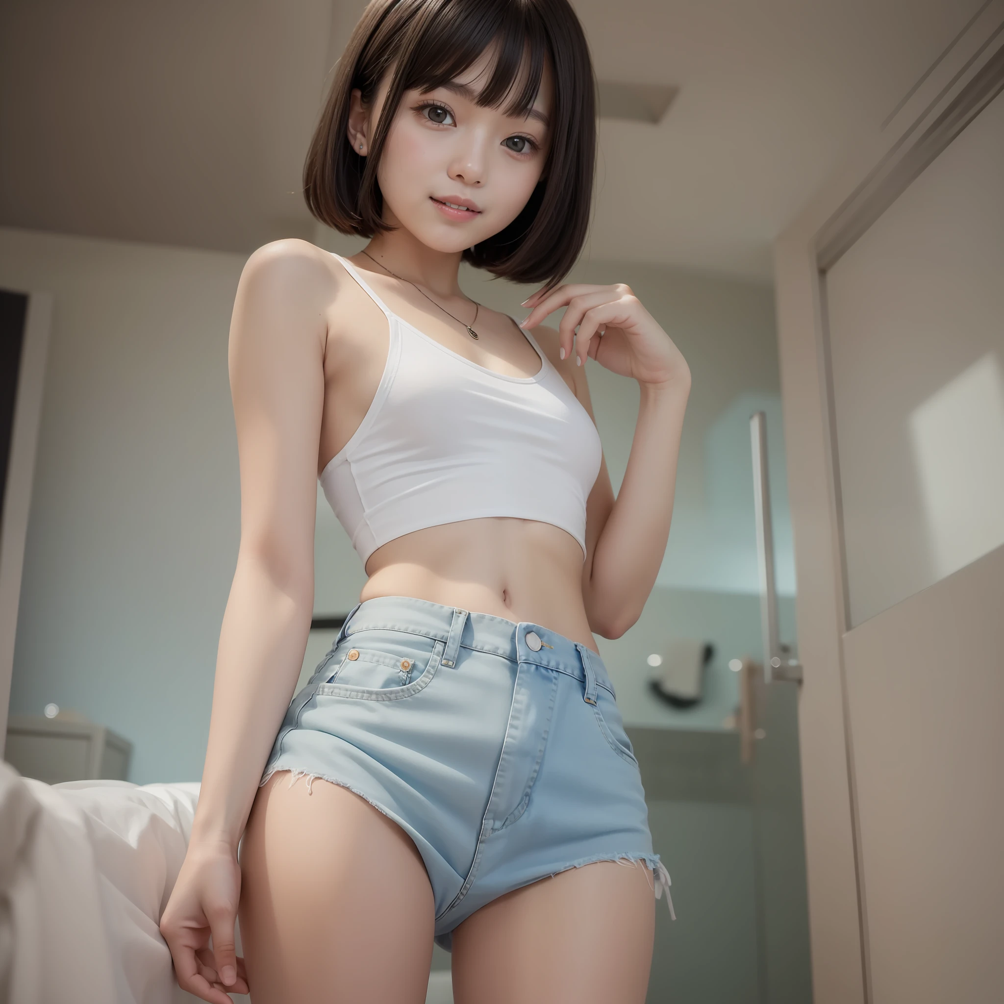 With the best image quality、Teenage girl standing in room。Black Hair Bob Hair、Cute smile with mouth closed.。(tiny chest)、White camisole、Denim panties