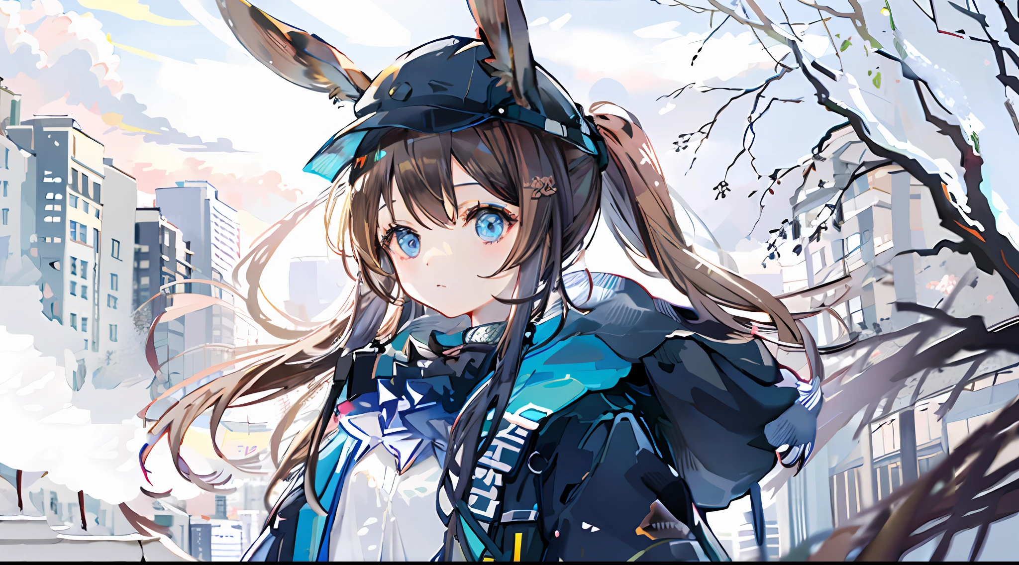 1girl, animal ears, rabbit ears, straight-on, upper body, looking at viewer, brown hair, ponytail,  expressionless, badge, bangs, blue baseball cap, detailed eyes, clothes writing, white clothes, hood, hood down, standing, long sleeves, closed mouth, (blue skirt:1.05), solo, (light blush:0.9), bare tree, building, city, cityscape, day, outdoors,  street, tokyo \(city\), tree