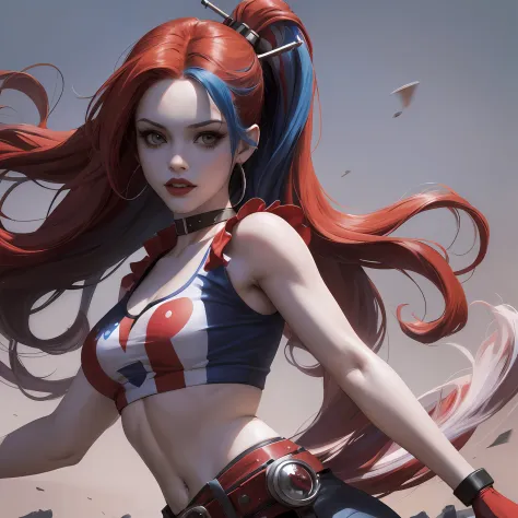 A harley quinn, Long hair wavy blue and red hair det, Masterpiece:1.3, Best quality, sharp focus: 1.2, solo, full body head to toe potrait, harley quinn, soft natural skin, woman 18 years old, wearing white tank top, black jacket, wearing red and blue Hot ...