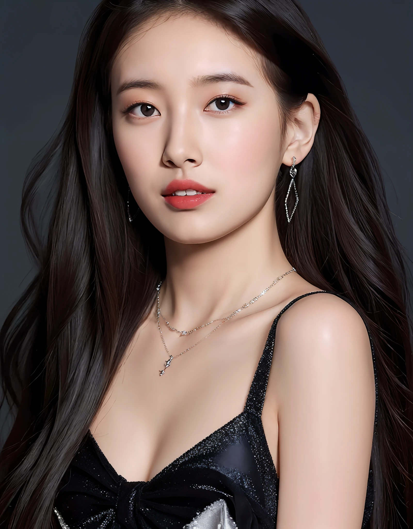 Portrait of a young woman in a black off-the-shoulder top, showing a dainty silver necklace with a heart-shaped pendant. (8K, Best Quality : 1.2), (Masterpiece, Photorealistic : 1.3), Super Detail