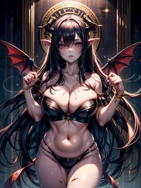 Succubus Maiden, Plump body, The Mark of the Succubus, Color expressions, Sexy clothes, sexyposture, Shiny hair, rough breath, full blush, Gradient hair, hair one side up, A high resolution, High detail, Depth of field, Sparkle, Chiaroscuro, Ray tracing, L...