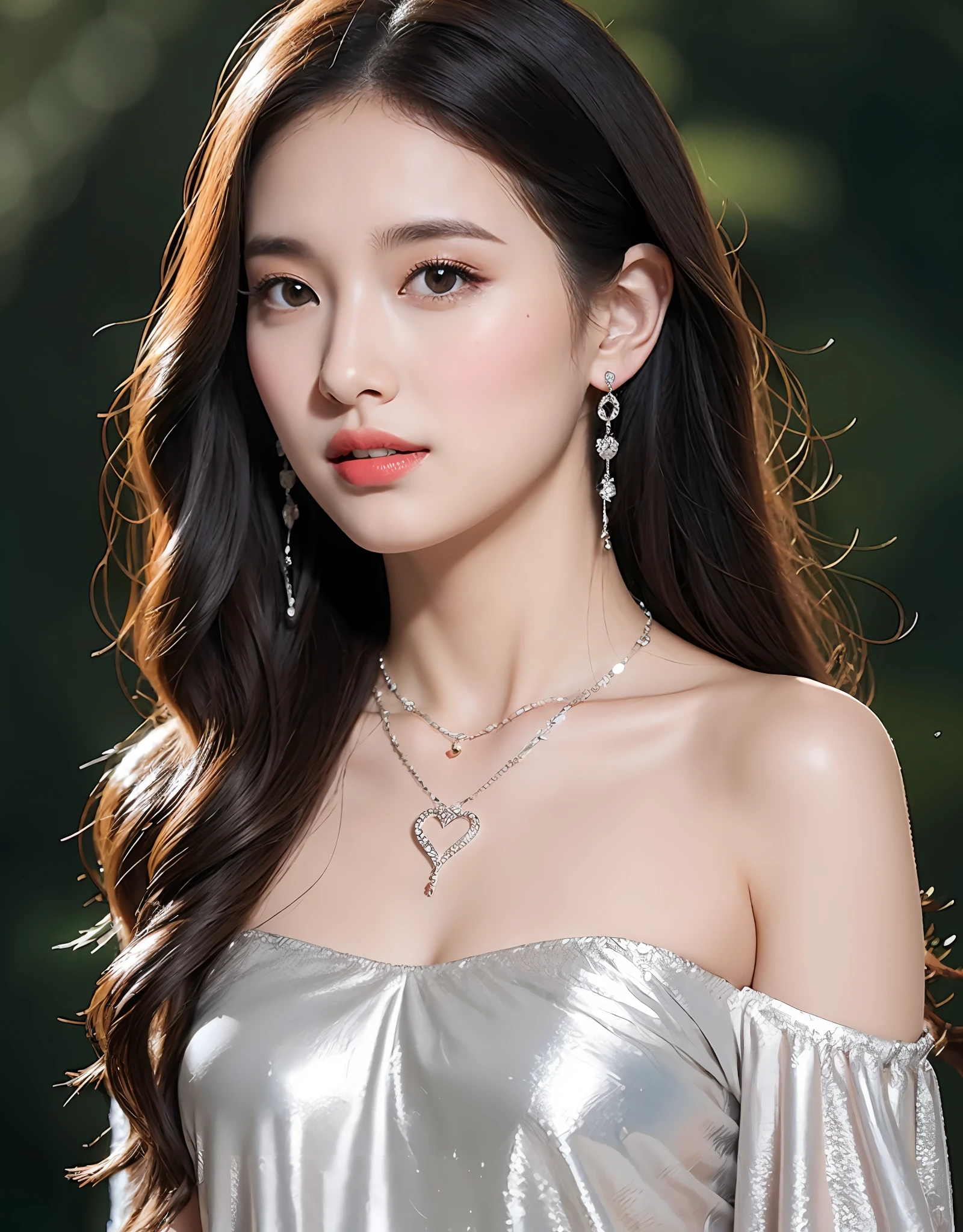 Портрет молодой женщины в черной блузке с открытыми плечами., Покажите нежное серебряное ожерелье и кулон в форме сердца.. (8К, Лучшее качество : 1.2), (шедевр, фотореалистичный : 1.3), супер деталь