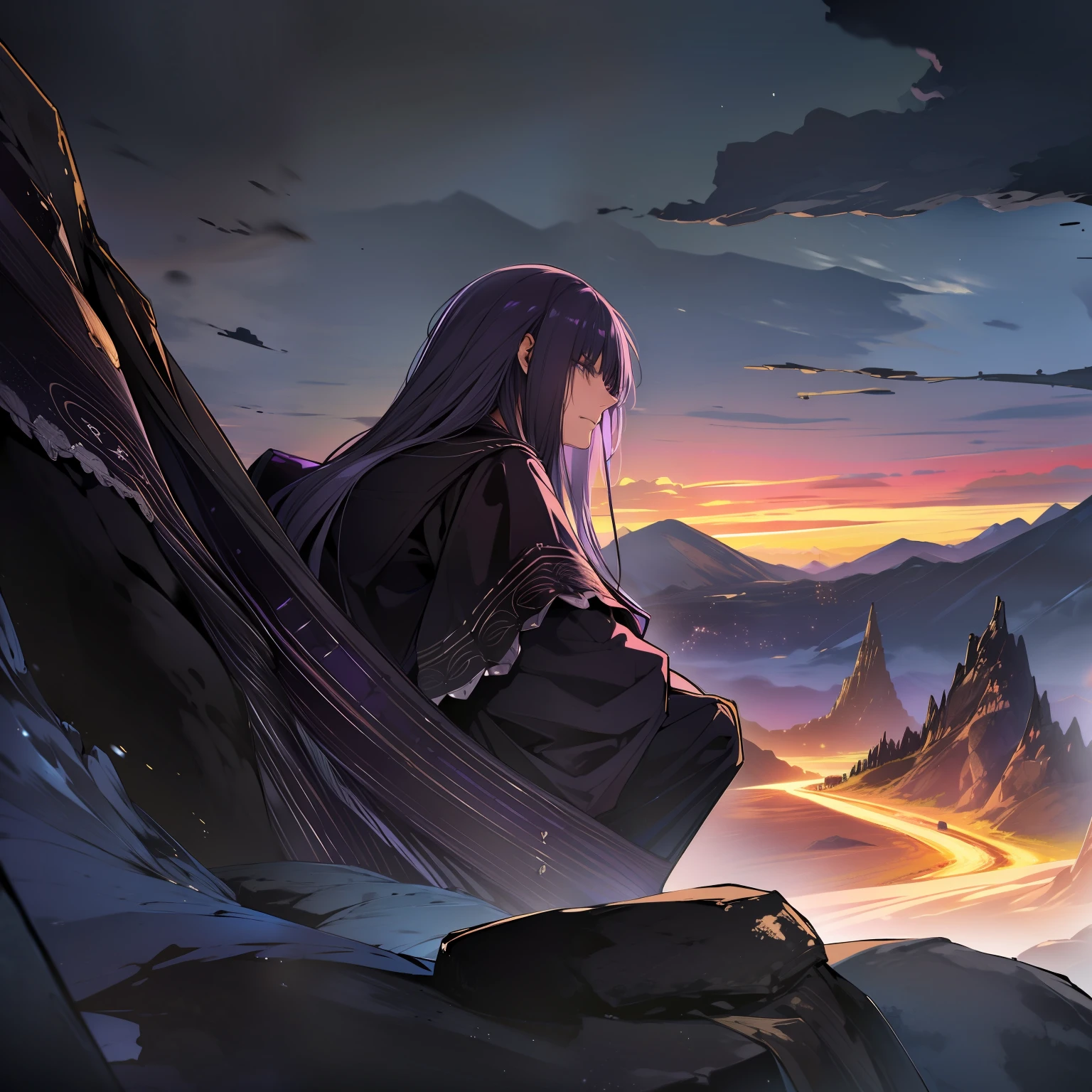 4K，Complicated details，HighestQuali，A man in a robe sits alone on the edge of a cliff，looking at the distance，The tone suppresses sadness，deep colour，black in color，Deep black，purpleish color，Mountains and mountains。magia，The feeling of loneliness，repression，Tattered tunic