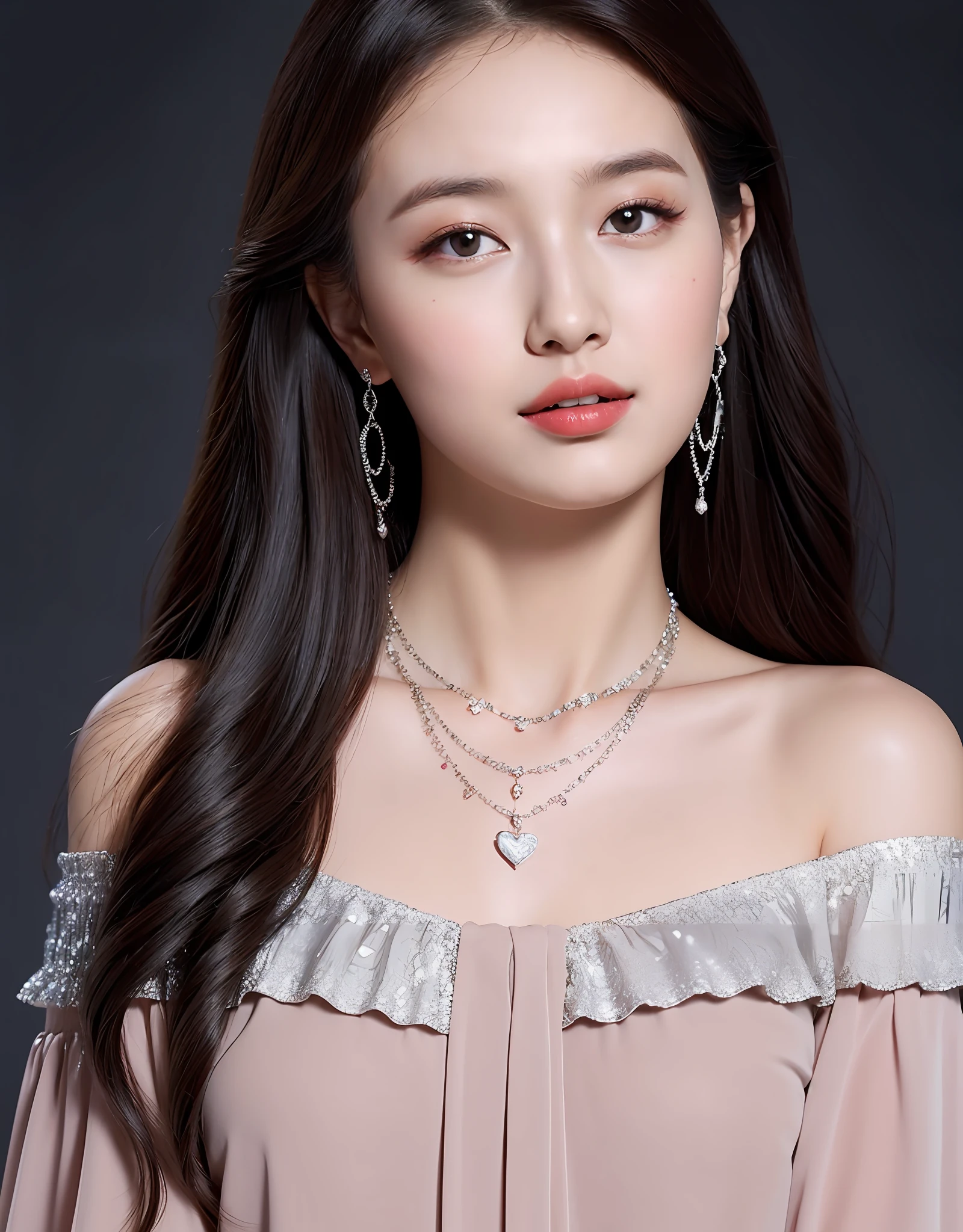 Portrait of a young woman wearing a black off-the-shoulder blouse, Display a delicate silver necklace and a heart-shaped pendant. (8K, Best quality : 1.2), (Masterpiece, Photorealistic : 1.3), Super detail