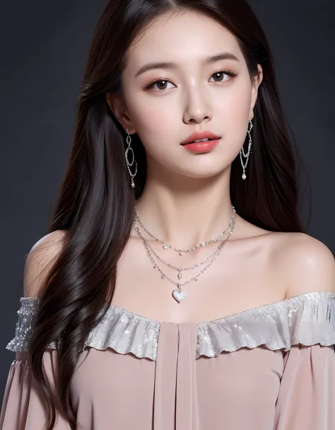 Portrait of a young woman wearing a black off-the-shoulder blouse, Display a delicate silver necklace and a heart-shaped pendant...