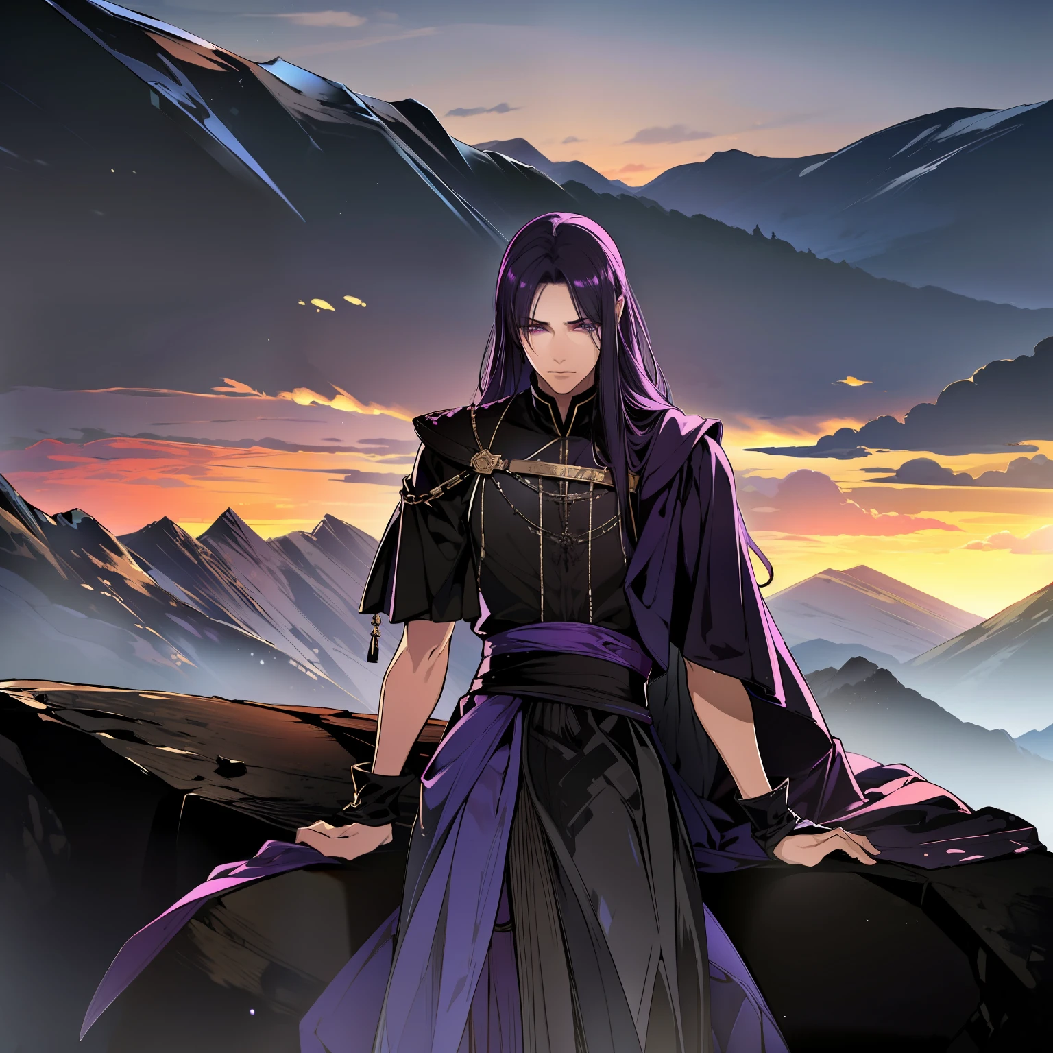 4K，Complicated details，HighestQuali，A man in a robe sits alone on the edge of a cliff，looking at the distance，The tone suppresses sadness，deep colour，black in color，Deep black，purpleish color，Mountains and mountains。magia，The feeling of loneliness，repression，Tattered tunic，the scars