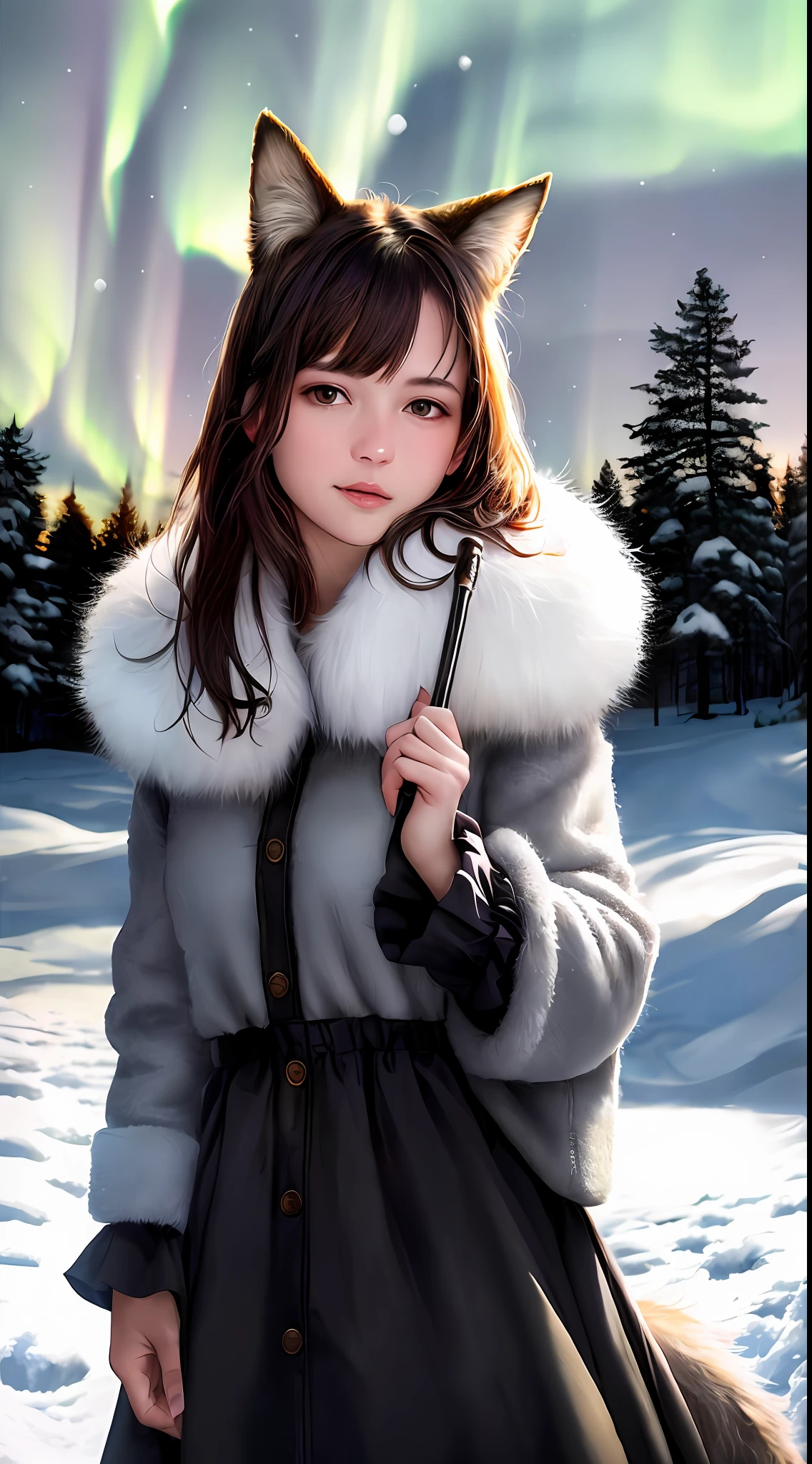 (raw photo:1.2), (photorealistic:1.4), (best quality:1.4), (ultra highres:1.2), (highly detailed:1.3), (HDR:1.2), (cinematic lighting:1.3), (detailed eyes), (facial details), (fur details), (snowy:1.2). ), Cute Little Fox, Standing, (3/4 Portrait: 1.2), (Furry Tail: 1.2), (Soft Fur: 1.2), (Moe: 1.2), (Looking at the Audience), (Innocent Expression), (Soft Light), (Dreamy), (Dream: 1.3), (Ethereal: 1.3), (Magic: 1.2), (Snowflake: 1.2), (Winter Wonderland aurora: 1.3), (Whimsical: 1.2), (Fun: 1.2), Bust, Solo