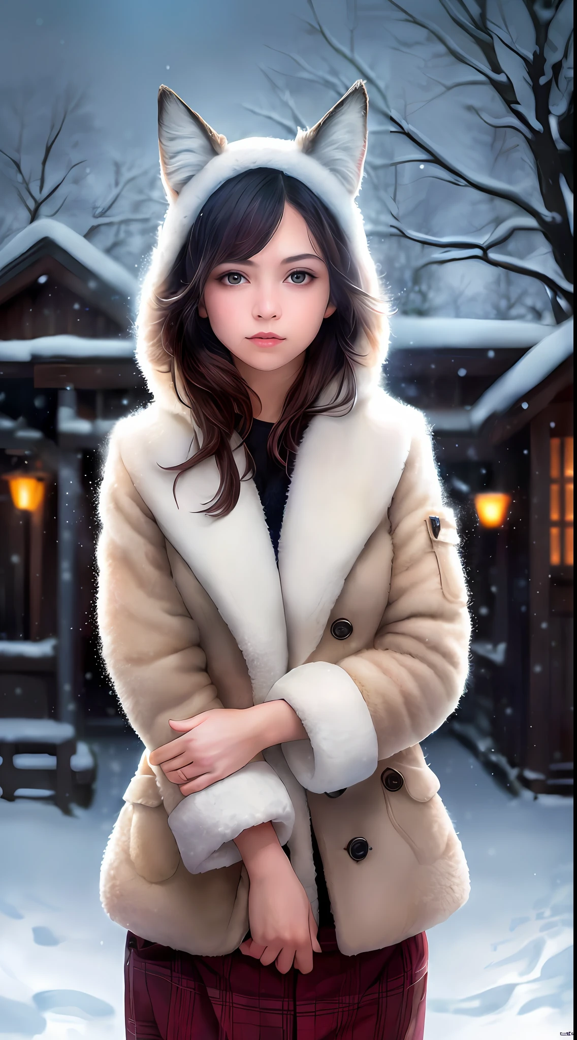 (raw photo:1.2), (photorealistic:1.4), (best quality:1.4), (ultra highres:1.2), (highly detailed:1.3), (HDR:1.2), (cinematic lighting:1.3), (detailed eyes), (facial details), (fur details), (snowy:1.2). ), Cute little fox, standing, (3/4 body portrait: 1.2), (furry tail: 1.2), (soft fur: 1.2), (moe: 1.2), (looking at the audience), (innocent expression), (soft light), (dreamy), (dream: 1.3), (ethereal: 1.3), (magic: 1.2), (snowflake: 1.2), (winter wonderland: 1.3), (whimsical: 1.2), (fun: 1.2), some accessories, busts, solo