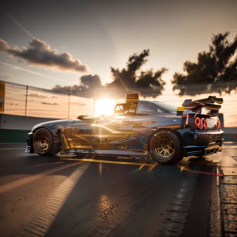 at dusk at golden hour，Toy racing, Sunlight shines through the windows from behind,Toy racing car on table，epic wide shot,  stun...