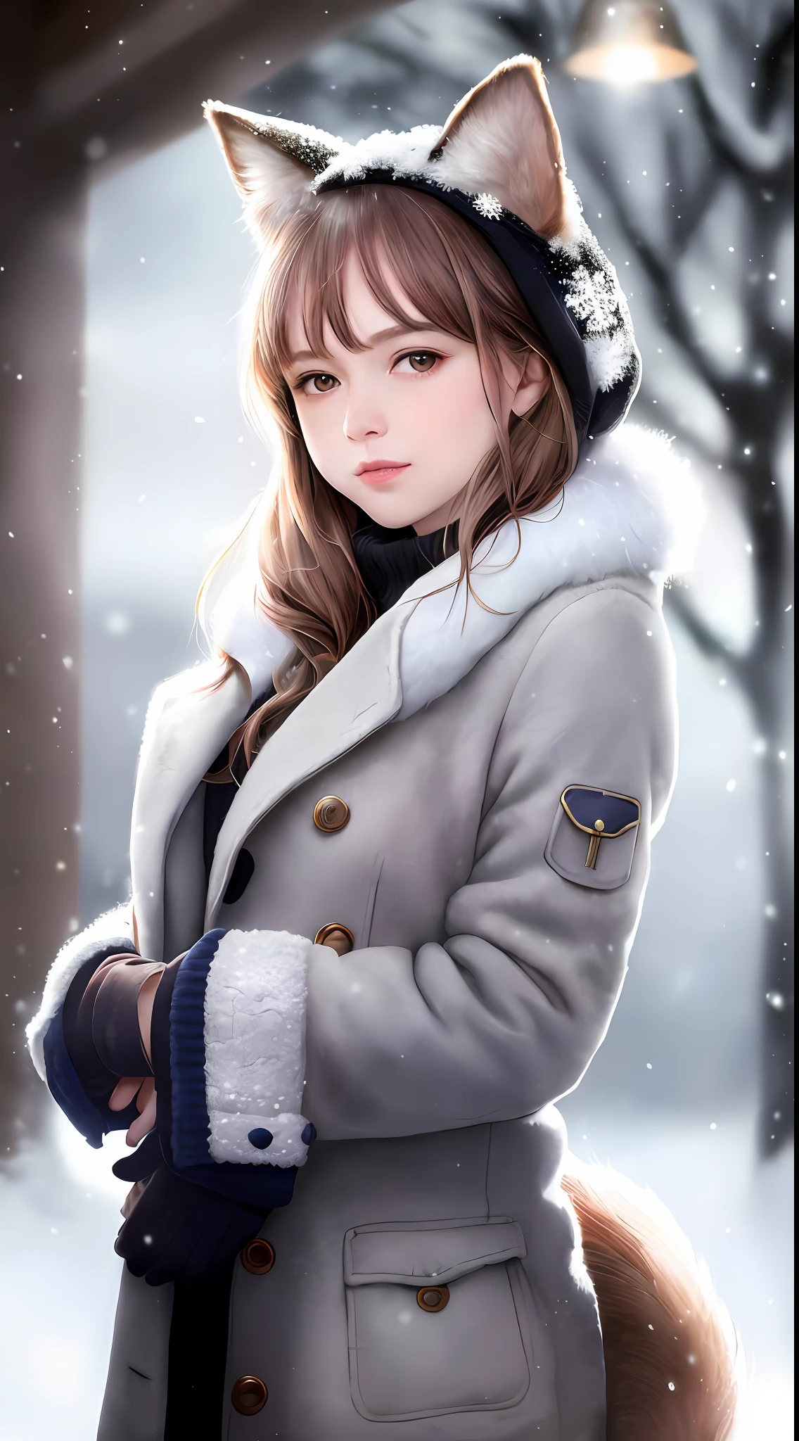 (raw photo:1.2), (photorealistic:1.4), (best quality:1.4), (ultra highres:1.2), (highly detailed:1.3), (HDR:1.2), (cinematic lighting:1.3), (detailed eyes), (facial details), (fur details), (snowy:1.2). ), Cute little fox, standing, (3/4 body portrait: 1.2), (furry tail: 1.2), (soft fur: 1.2), (moe: 1.2), (looking at the audience), (innocent expression), (soft light), (dreamy), (dream: 1.3), (ethereal: 1.3), (magic: 1.2), (snowflake: 1.2), (winter wonderland: 1.3), (whimsical: 1.2), (fun: 1.2), some accessories, busts, solo