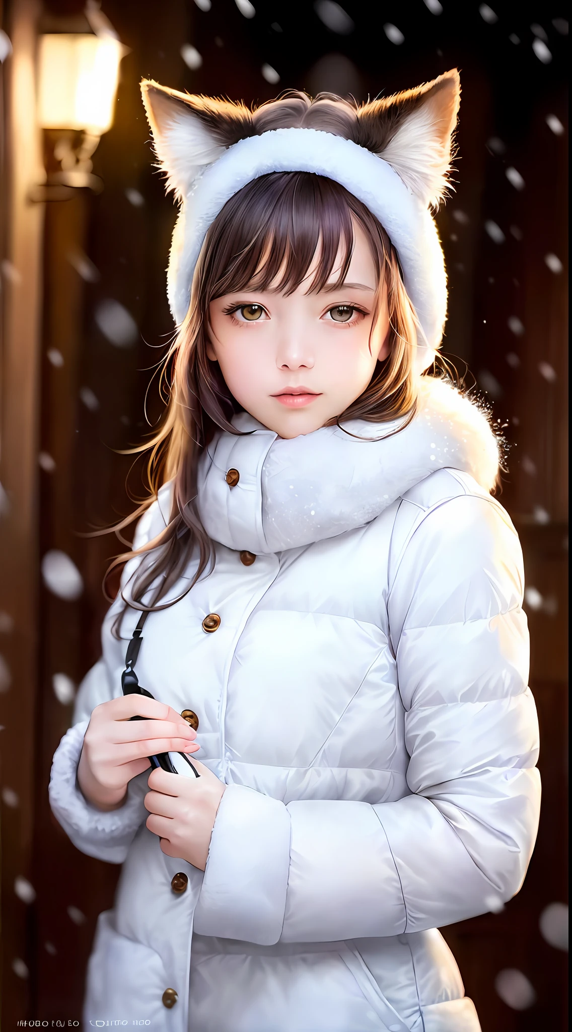 (raw photo:1.2), (photorealistic:1.4), (best quality:1.4), (ultra highres:1.2), (highly detailed:1.3), (HDR:1.2), (cinematic lighting:1.3), (detailed eyes), (facial details), (fur details), (snowy:1.2). ), Cute little fox, standing, (3/4 body portrait: 1.2), (furry tail: 1.2), (soft fur: 1.2), (moe: 1.2), (looking at the audience), (innocent expression), (soft light), (dreamy), (dream: 1.3), (ethereal: 1.3), (magic: 1.2), (snowflake: 1.2), (winter wonderland: 1.3), (whimsical: 1.2), (fun: 1.2), some accessories, busts, solo