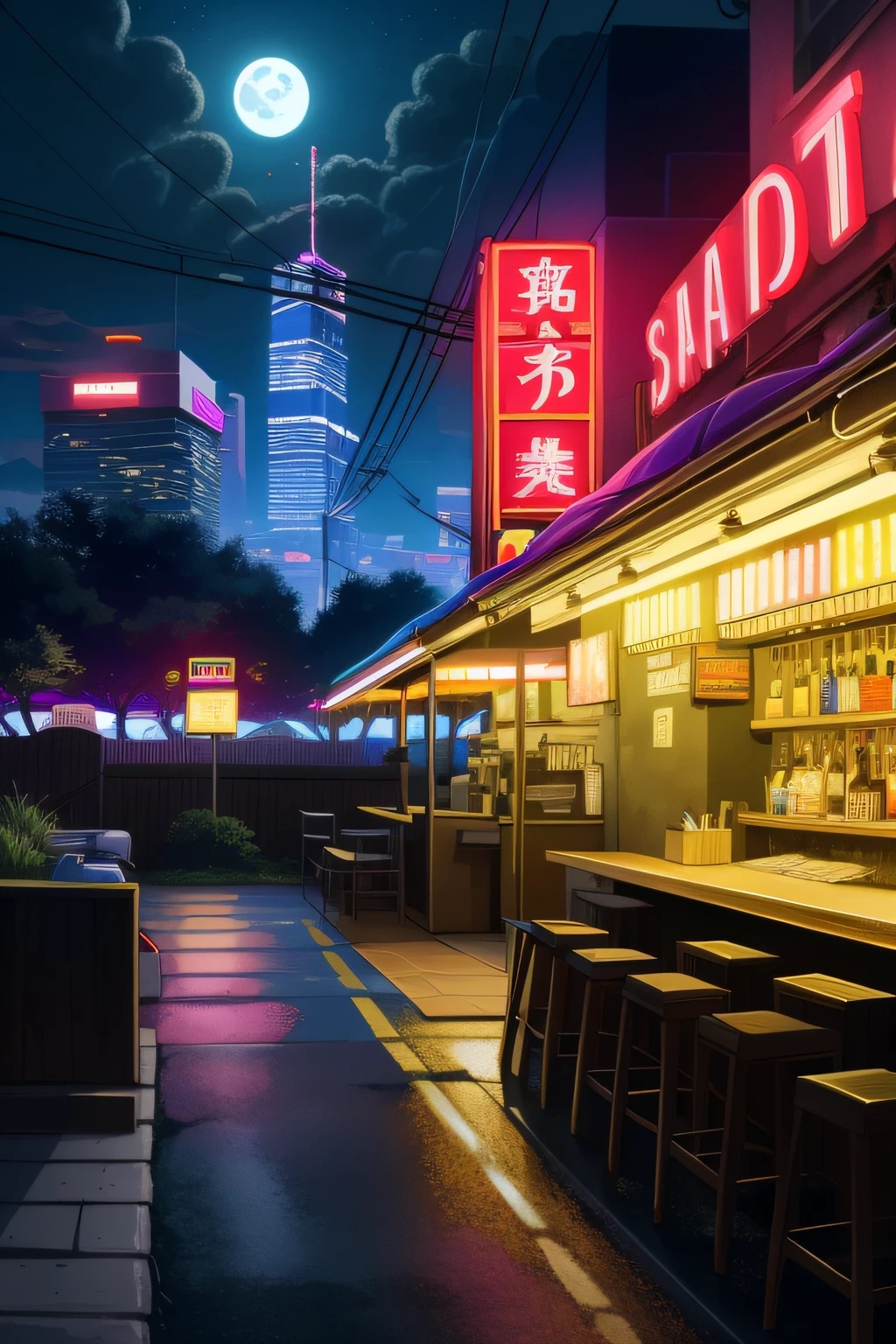 best quality, high resolution, distinct image, oil painting (medium), highly detailed, dmt,
Nightlife, Night city, Cyberpunk city, futuristic cityscape. Neon lights, (skyscraper:1.1), neon lights, neon trim  ,cloth sign, ramen stall, night club. bright city lights, exotic car. alcohol, bar, ramen, soup stall ,alcohol bottles, ((Power lines, utility pole)), (stars in sky, moon, clouds