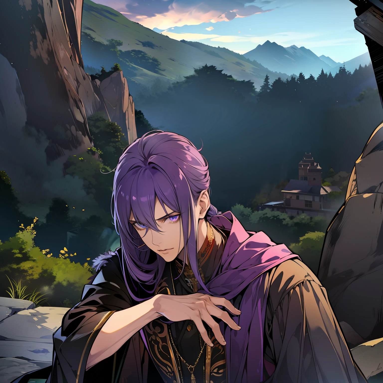 4K，Complicated details，HighestQuali，A man in a robe sits alone on the edge of a cliff，looking at the distance，The tone suppresses sadness，deep colour，black in color，Deep black，purpleish color，Mountains and mountains。magia，The feeling of loneliness，repression，Tattered tunic，the scars，quaint，nigth，Men have flowers on their heads