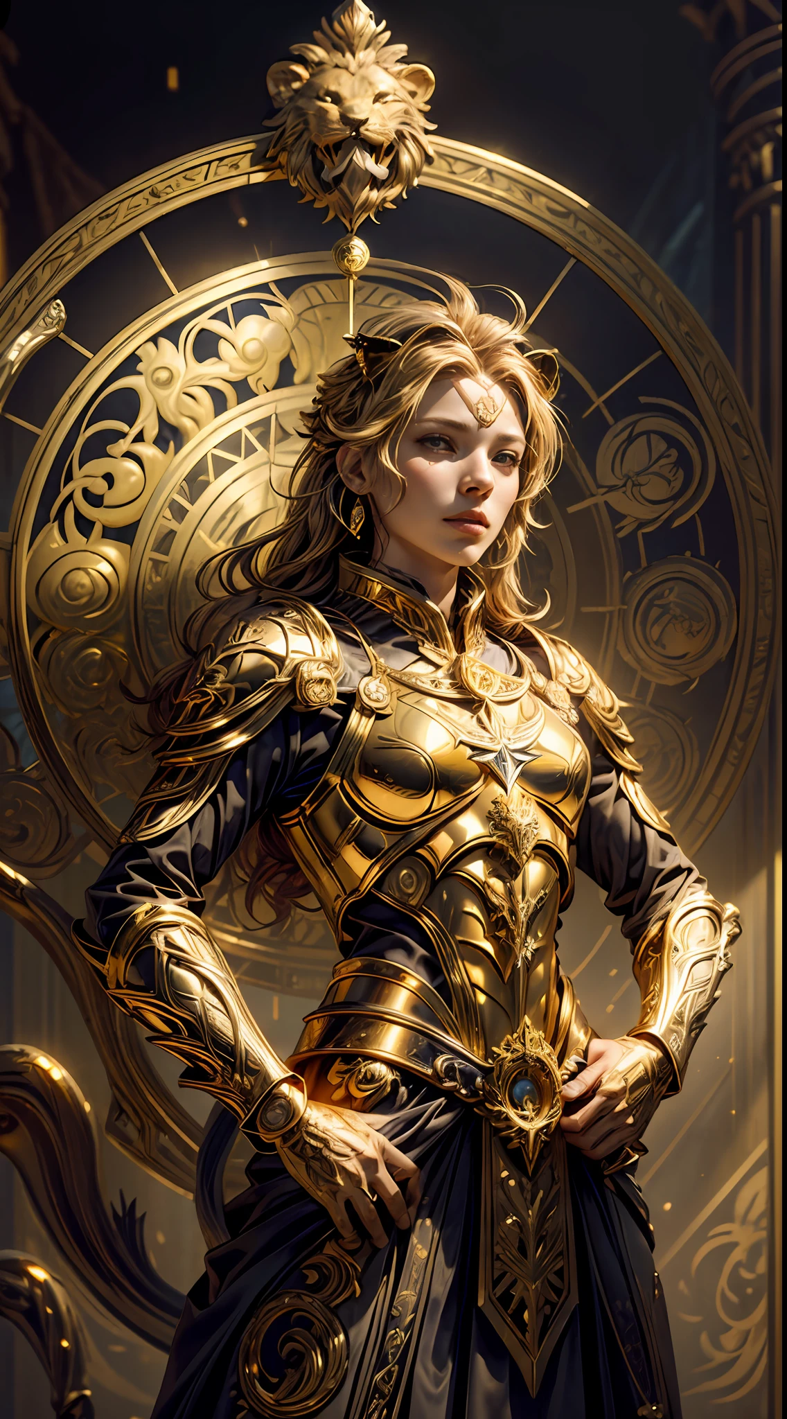 (Magical golden Leo astrolabe:1.2)，（anatomy correct:1.5），Solo，1 female warrior wearing lion-patterned armor，（Helmet in the shape of a golden lion's head），3Drenderingof，extremely detaile, Cinematic lighting effects，4K，Masterpiece，offcial art