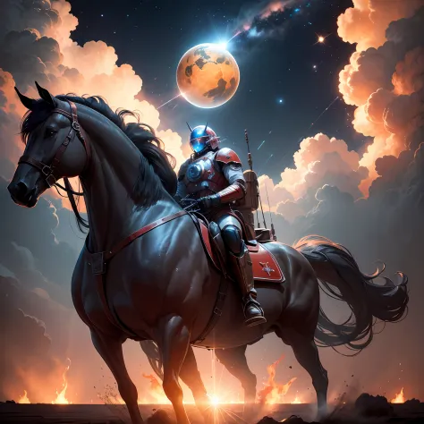 Flaming horses，Space station in the upper right corner of the screen，The sun reflects light，Silver metal，red flags，luster，style of the USSR，diffused reflections，metalictexture，The vista is the blue earth，in mecha style,star ocean,high key,Homem-Imponente -...