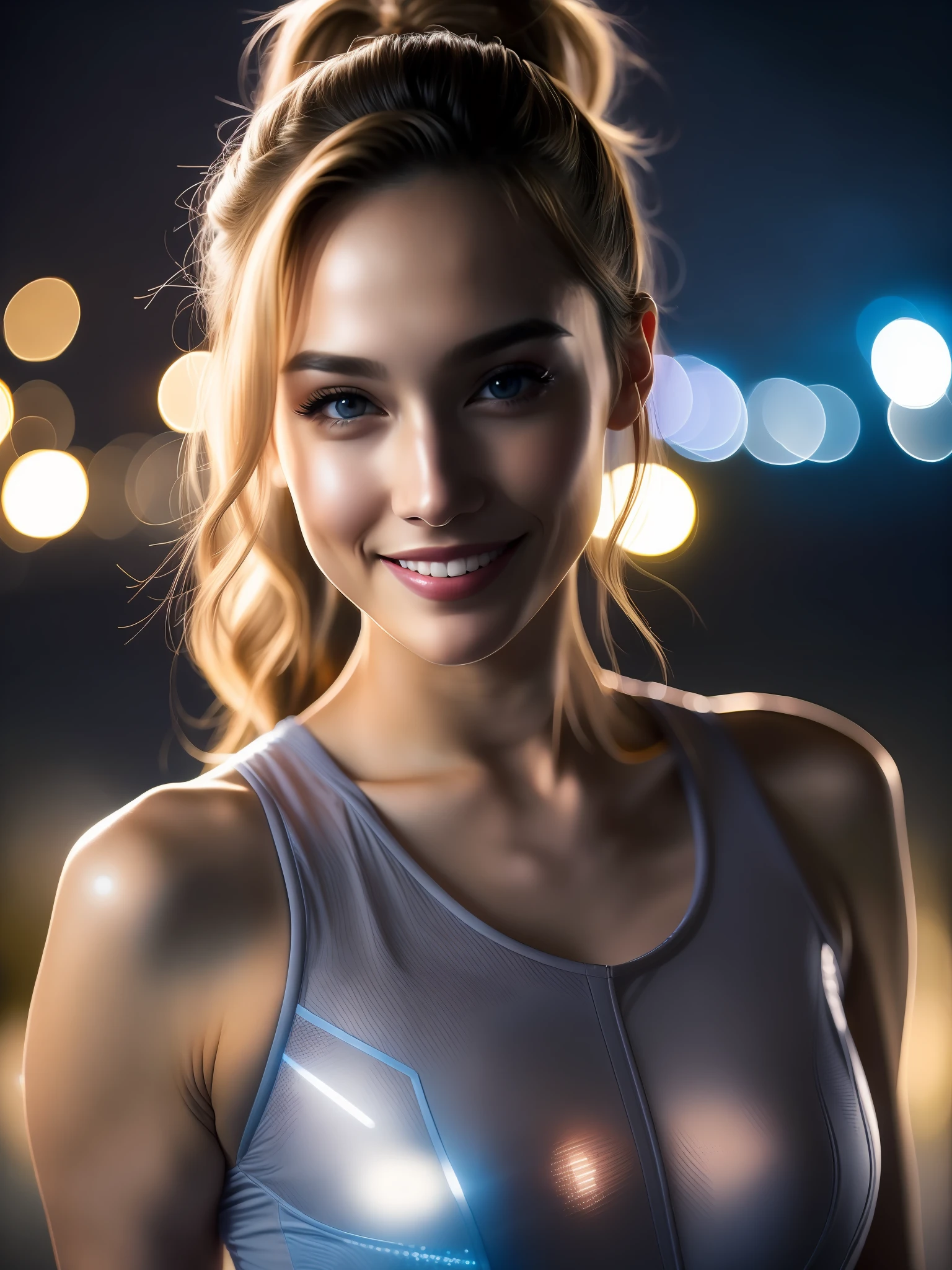 night scene, close up photo of a sexy Gal Gadot, posing, look at a camera and smile, blond ponytail hair, (blue eyes:0.8), cute young face, 24 yo, soft volumetric lights, (backlit:1.3), (cinematic:1.3), intricate details, (ArtStation:1.2)