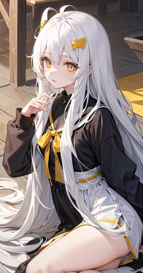 1girl,ahoge,casual,yellow_eyes,longhair,hair_ornament,white_hair,