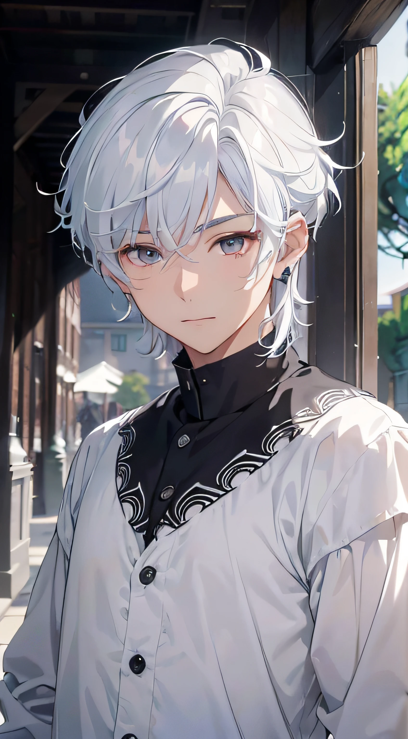 (absurderes、hight resolution、ultra-detailliert、nffsw)、​masterpiece、top-quality、Male child、独奏、a handsome、shorth hair、white  hair、finely eye and detailed face、Casual clothing、Real Shadows、Joy、Connecting ears、The upper part of the body、Blur the background、