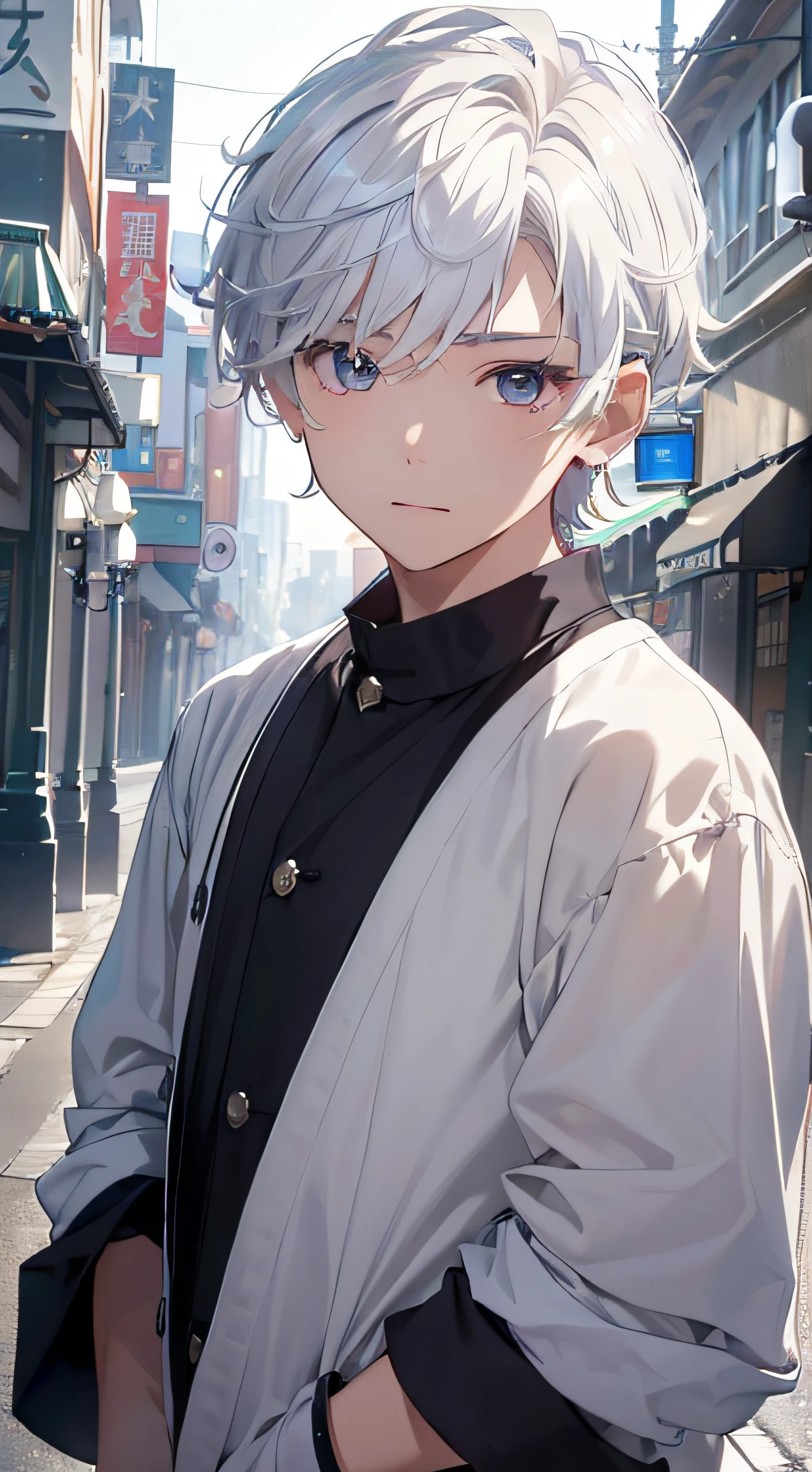 (absurderes、hight resolution、ultra-detailliert、nffsw)、​masterpiece、top-quality、Male child、独奏、a handsome、shorth hair、white  hair、finely eye and detailed face、Casual clothing、Real Shadows、Joy、Connecting ears、The upper part of the body、Blur the background、