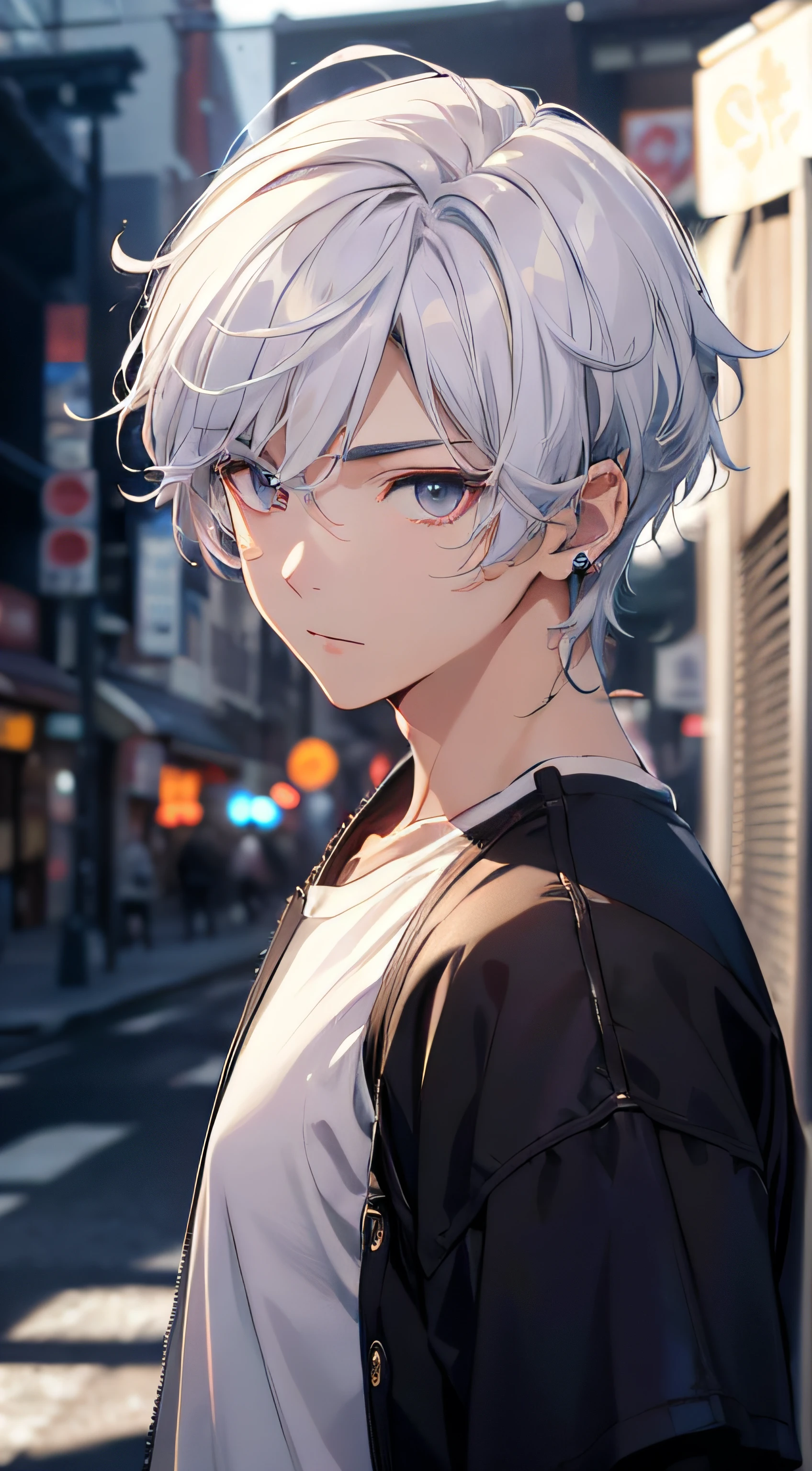 (absurderes、hight resolution、ultra-detailliert、nffsw)、​masterpiece、top-quality、Male child、独奏、a handsome、shorth hair、white  hair、finely eye and detailed face、Casual clothing、Real Shadows、Joy、Connecting ears、The upper part of the body、Blur the background、