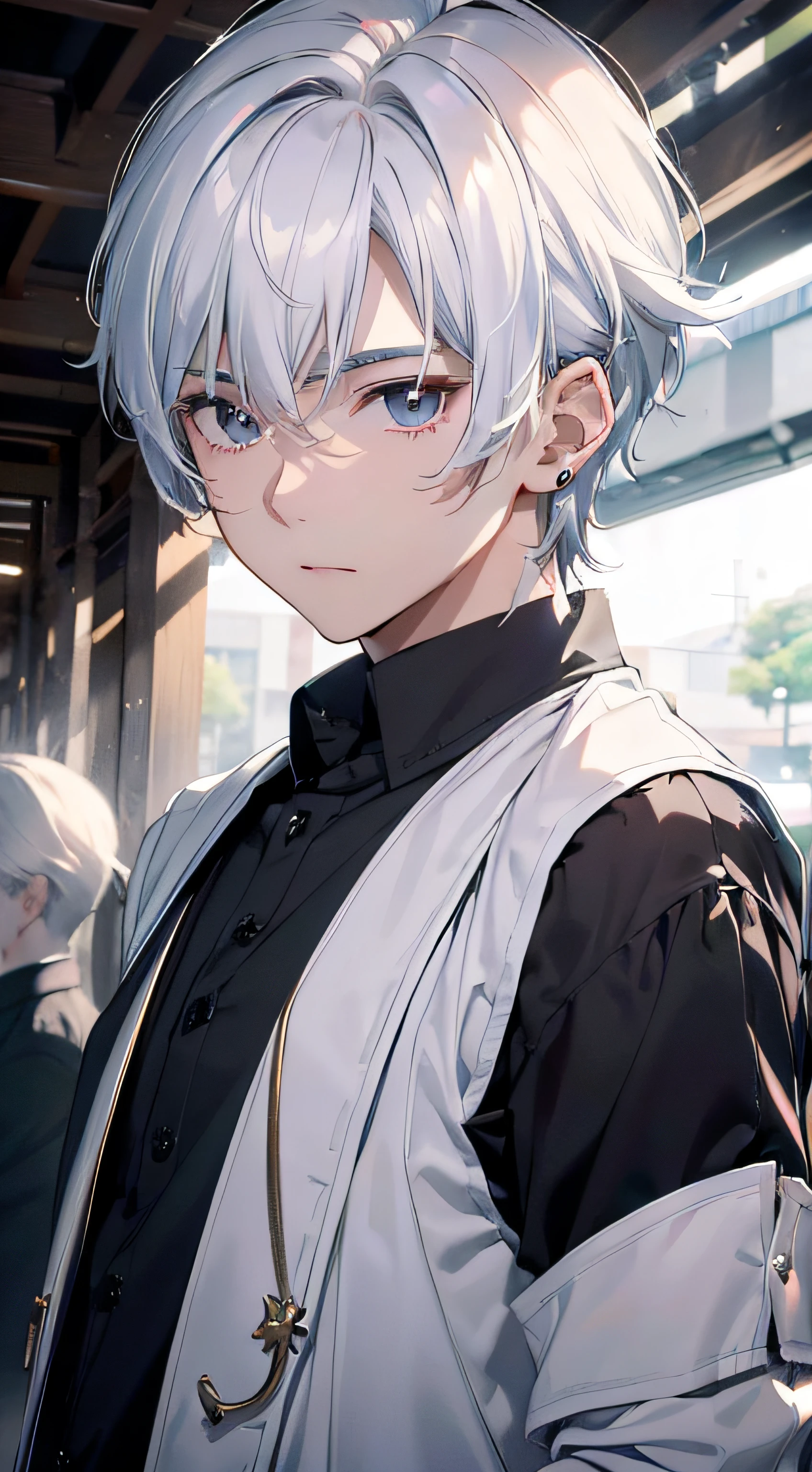 (absurderes、hight resolution、ultra-detailliert、nffsw)、​masterpiece、top-quality、Male child、独奏、a handsome、shorth hair、white  hair、finely eye and detailed face、Casual clothing、Real Shadows、Joy、Connecting ears、The upper part of the body、Blur the background、