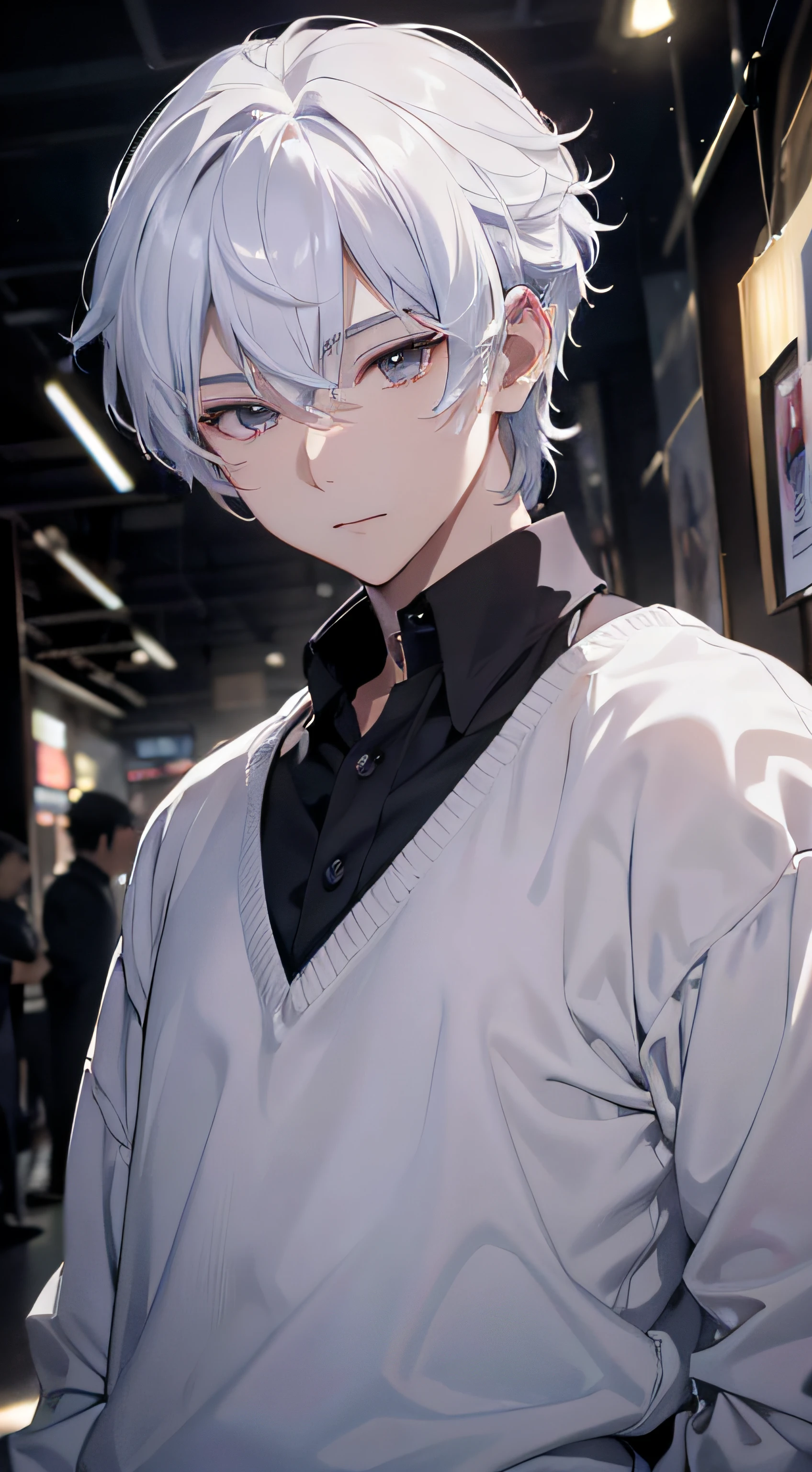 (absurderes、hight resolution、Ultra-detail、nffsw)、​masterpiece、top-quality、male 、solo、a handsome、shorth hair、white  hainely eye and detailed face、Casual clothing、Real Shadows、Joy、Connecting ears、The upper part of the body、Blur the background、