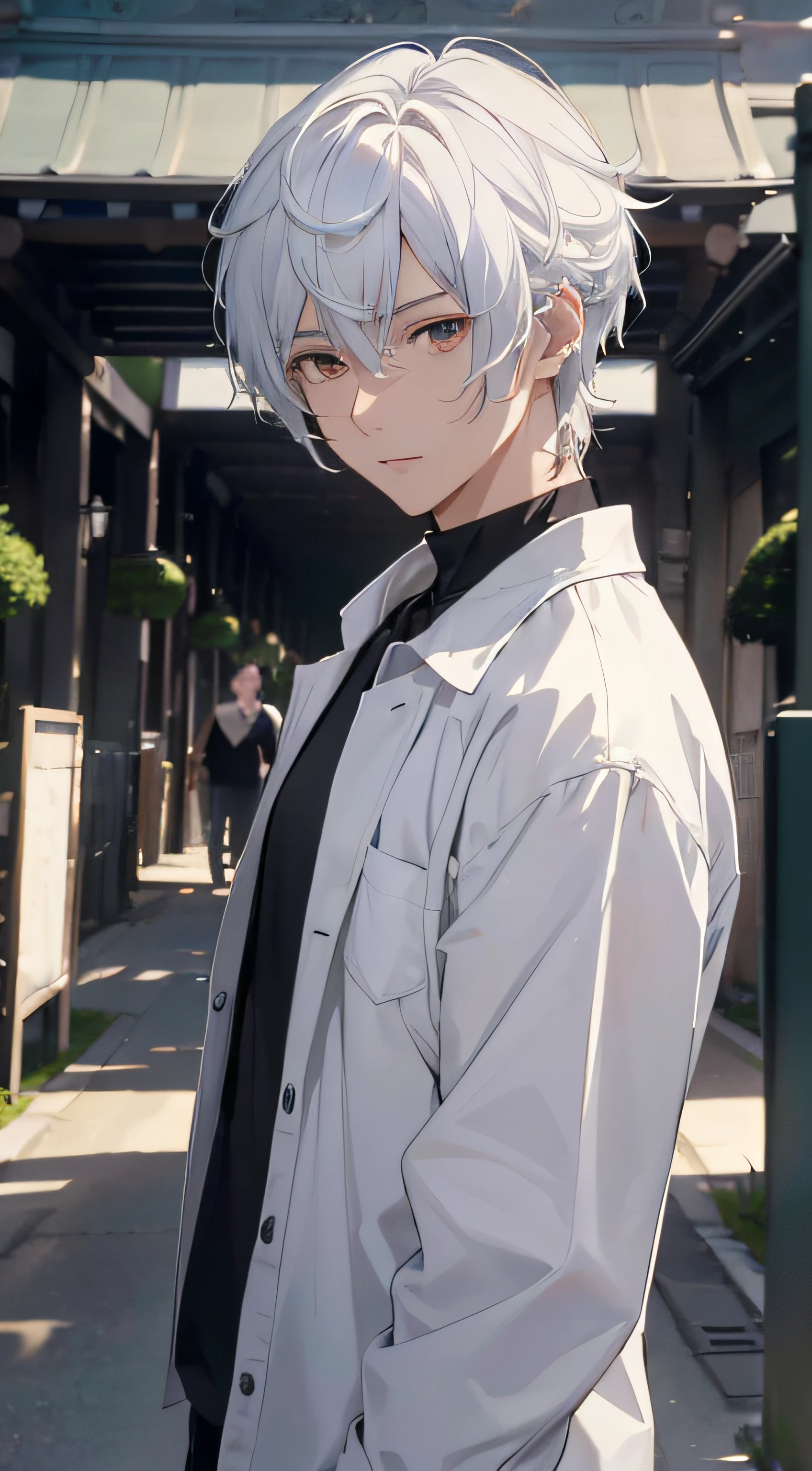 (absurderes、hight resolution、ultra-detailliert、nffsw)、​masterpiece、top-quality、Male child、独奏、a handsome、shorth hair、white  hair、finely eye and detailed face、Casual clothing、Real Shadows、Joy、Connecting ears、The upper part of the body、Blur the background、