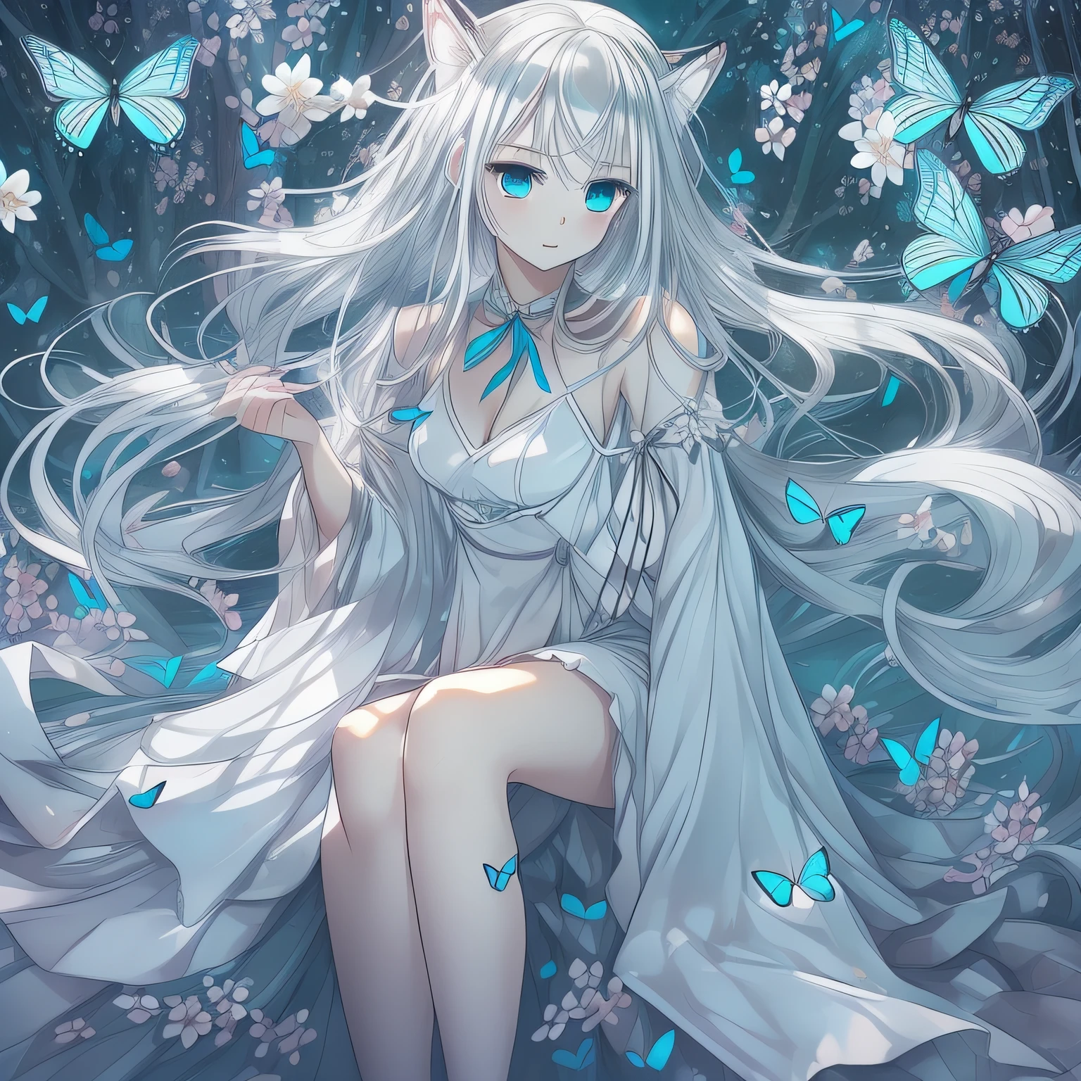 (down view),Dynamic Angle,Ultra-detailed, illustration, Close-up, straight on, 1girll, (fantasy:1.4), (azureblueeyes:1.233),Her eyes shone like dreamy stars,(Glowing eyes:1.233),(Beautiful and detailed eyes:1.1),(Silver hair:1.14),(Messy hair,Very long hair,french braid,hair between eye,side locks), (+(bule hair flower:1.14)),(Chiffon dress,bule flower pattern in uniform)/=(army suit:1.24),(Detached sleeves,Wide sleeves),(Fingerless gloves),choker necklace,(miko thighhighs),high heels boots,(Expressionless,Closed mouth),(standing), (classical Princess boudoir with dressing tableand french windowin a white ancient palaces),(White flowers,full bloom),(abyssal),(Flowing water),(a dull blue world tree:1.14),(ruins),(Night:1.2),Dreamy,soul,(Fluorescence),(flying translucent blue butterflies:1.15), [[Delicate fingers and hands:0.55]::0.85],(Detail fingers),(yubao:0.5),Upper body,It has white fox ears and 9 white fox tails