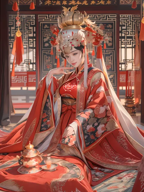 (Best quality: 1.1), (Realistic: 1.1), (Photography: 1.1), (highly details: 1.1), A woman wears a red and gold dress，Woman with a crown on her head, A hair stick, (sitting on red bed), Blushing, Shy, black_Hair, crown, Looking down, (2 red candles), Chines...