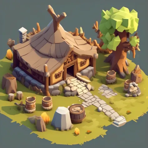 Isometric house，Primitive tribal architectural design，cartoonish style， Game architectural design，RPG style，（circular roof，Animal skeletons，stone，wood，symmetrical outpost, Single-storey building），（3D model rendering、Primitive barbarian style），white backgro...