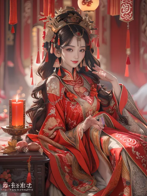 (Best quality: 1.1), (Realistic: 1.1), (Photography: 1.1), (highly details: 1.1), A woman wears a red and gold dress，Woman with a crown on her head, A hair stick, (sitting on red bed), Blushing, Shy, black_Hair, crown, Looking down, (2 red candles), Chines...