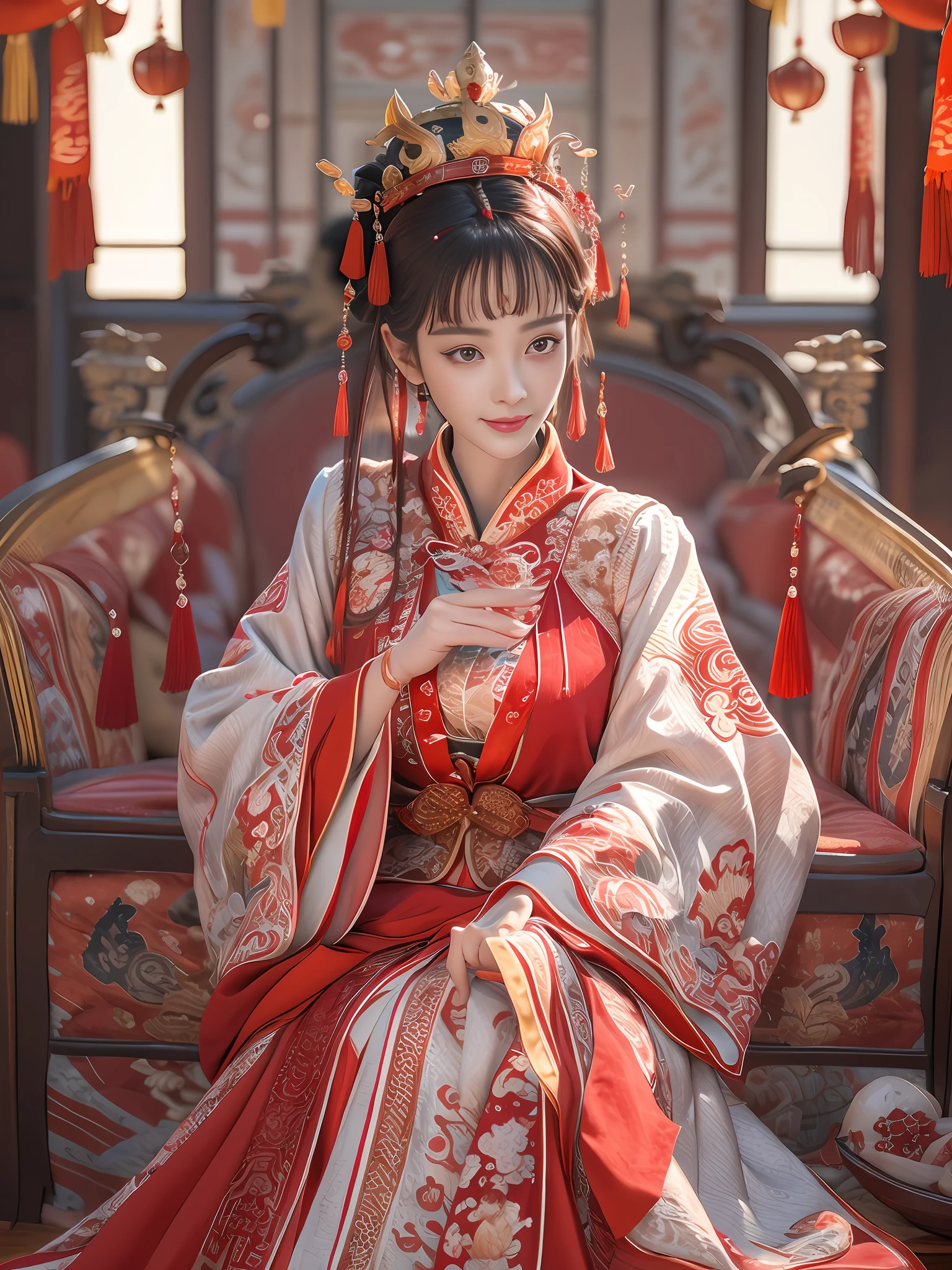 (Best quality: 1.1), (Realistic: 1.1), (Photography: 1.1), (highly details: 1.1), A woman wears a red and gold dress，Woman with a crown on her head, A hair stick, (sitting on red bed), Blushing, Shy, black_Hair, crown, Looking down, (2 red candles), Chinese_clothes, Curtains, Earrings, Hair_decorations, Hanfu, interiors, jewelry, Long_Sleeves, Red dress, Redlip, nipple tassels, (Red quilt), (red palace: 1.2), (3DMM: 1.5),mix4,