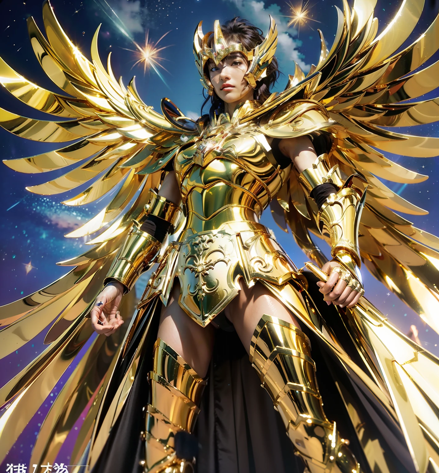 Ultra-high saturation（tmasterpiece）， fully body photo，（best qualtiy）， （1girll），super wide shot， sface focus，  Wearing shiny gold armor， sexy armor，No underwear，Expose your chest，Expose the waistline，Exposing thighs，cool-pose， Saint Seiya Armor， messy  hair，high detal, Anime style, Cinematic lighting, The armor shimmers in gold, god light, Ray traching, filmgrain, hyper HD, textureskin, super detailing, Anatomical correct, A high resolution，Ultra-high saturation，hight contrast，High-gloss armor，Smooth skin，Grim expression，Huge golden wings behind him are downward，Golden armor spreads its wings and flies