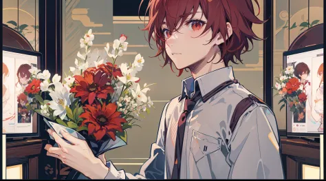 anime 2d guy with dark red hair, shirt, bouquet, sad, handsome