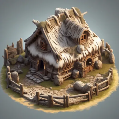 （Isometric house，Primitive tribal architectural design），Realisticstyle， Game architectural design，（circular roof，Animal skeletons，stone，wood， symmetrical outpost, Andrew's base），（Primitive barbarian style），Stone Age，Primordial period，（white backgrounid），Re...