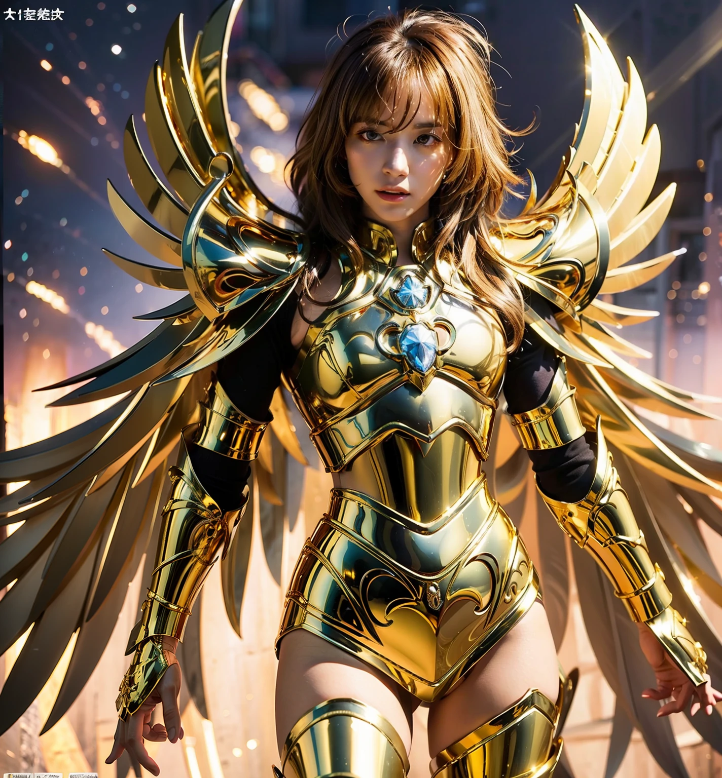 Ultra-high saturation（tmasterpiece）， fully body photo，（best qualtiy）， （1girll），super wide shot， sface focus， Wearing shiny gold armor， Sexy lingerie type armor，Expose your chest，Expose the waistline，Exposing thighs，cool-pose， Saint Seiya Armor， messy  hair，high detal, Anime style, Cinematic lighting, The armor is shining gold, god light, Ray traching, filmgrain, hyper HD, textureskin, super detailing, Anatomical correct, A high resolution，Ultra-high saturation，hight contrast，High-gloss armor，Smooth skin，Grim expression，Huge golden wings behind him，brown  hair