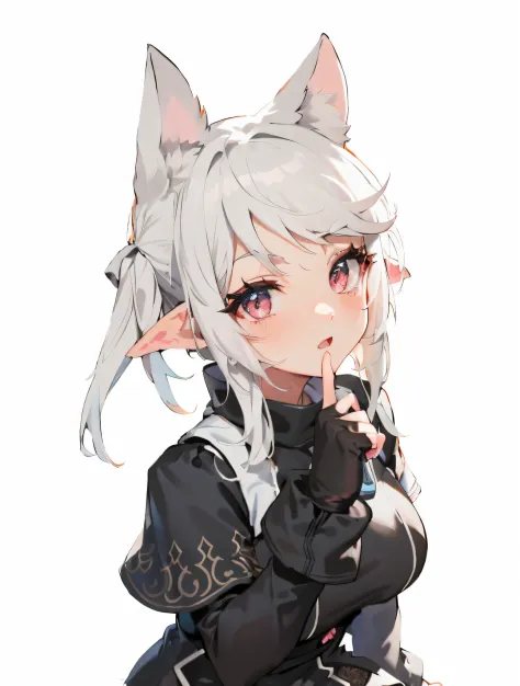 Anime girl with white hair and black gloves holding microphone, From Arknights, anime girl with cat ears, Guweiz on ArtStation P...