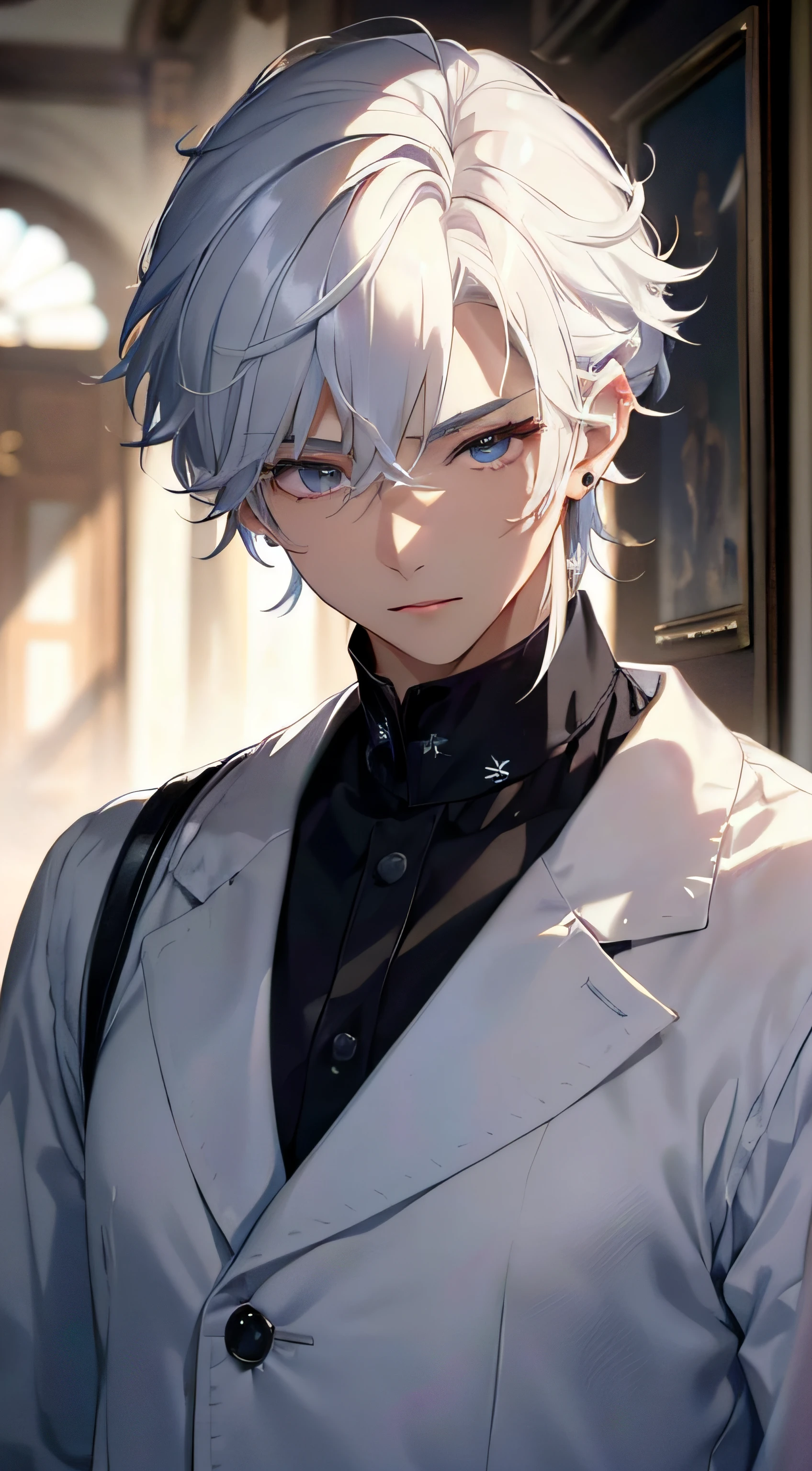 (absurderes、hight resolution、ultra-detailliert、nffsw)、​masterpiece、top-quality、Male child、独奏、a handsome、shorth hair、white  hair、finely eye and detailed face、Casual clothing、Real Shadows、Joy、Connecting ears、The upper part of the body、Blur the background、